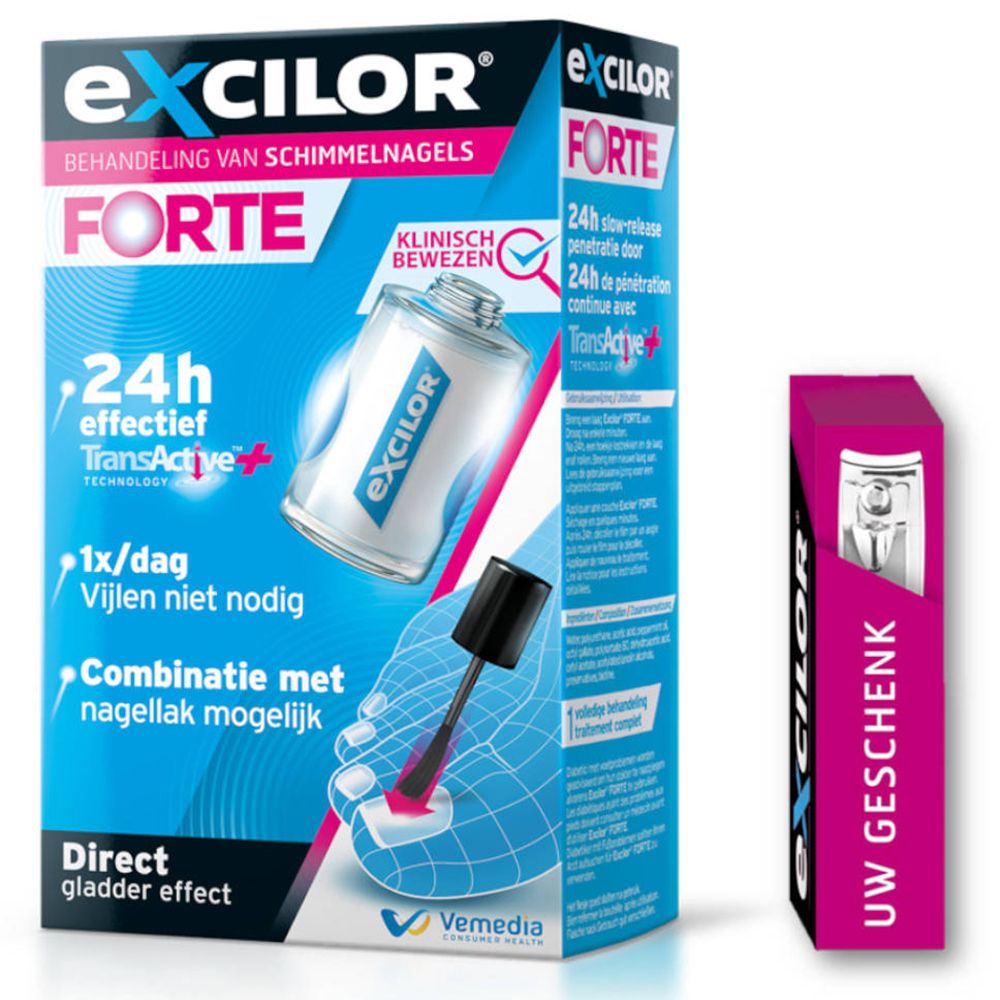 Boîte EXcilor® Forte, coupe-ongles. Boîte bleue et blanche avec image du produit et texte. Coupe-ongles rose.