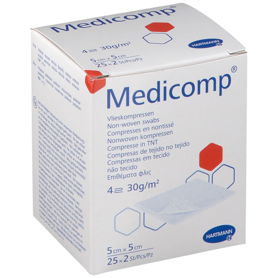 Verpakking van Medicomp. Opschriften: 5x5cm, 25x2 stuks, Hartmann logo. Niet-geweven kompressen.