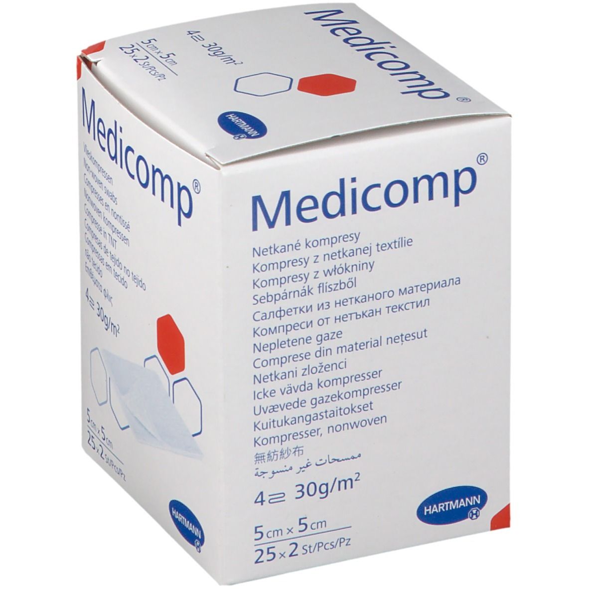 Verpakking van Medicomp. Opschriften: 5x5cm, 25x2 stuks, Hartmann logo. Niet-geweven kompressen.