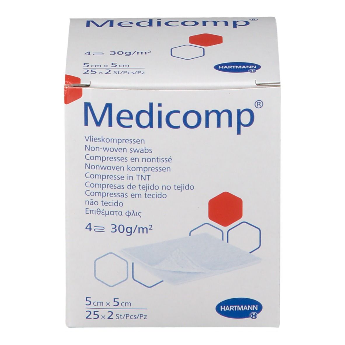 Verpakking van Medicomp. Opschriften: 5x5cm, 25x2 stuks, Hartmann logo. Niet-geweven kompressen.