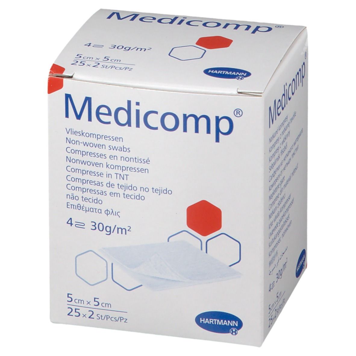Verpakking van Medicomp. Opschriften: 5x5cm, 25x2 stuks, Hartmann logo. Niet-geweven kompressen.