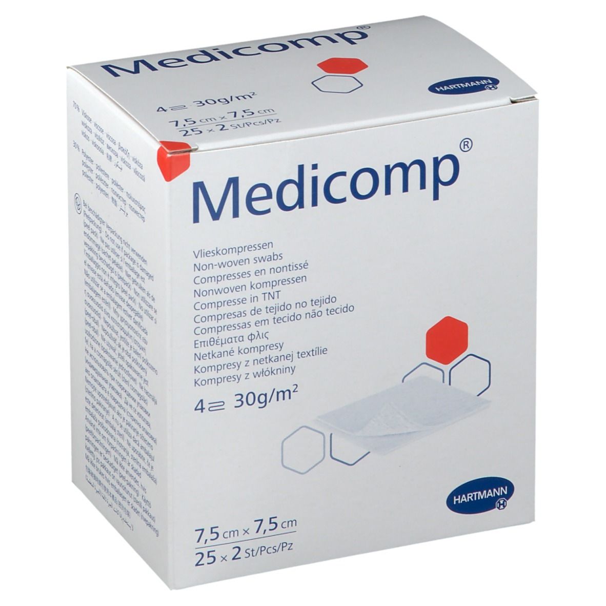 Verpakking Hartmann Medicomp kompressen. Witte doos met productnaam en logo. Afmeting 7,5x7,5cm. 25 stuks.