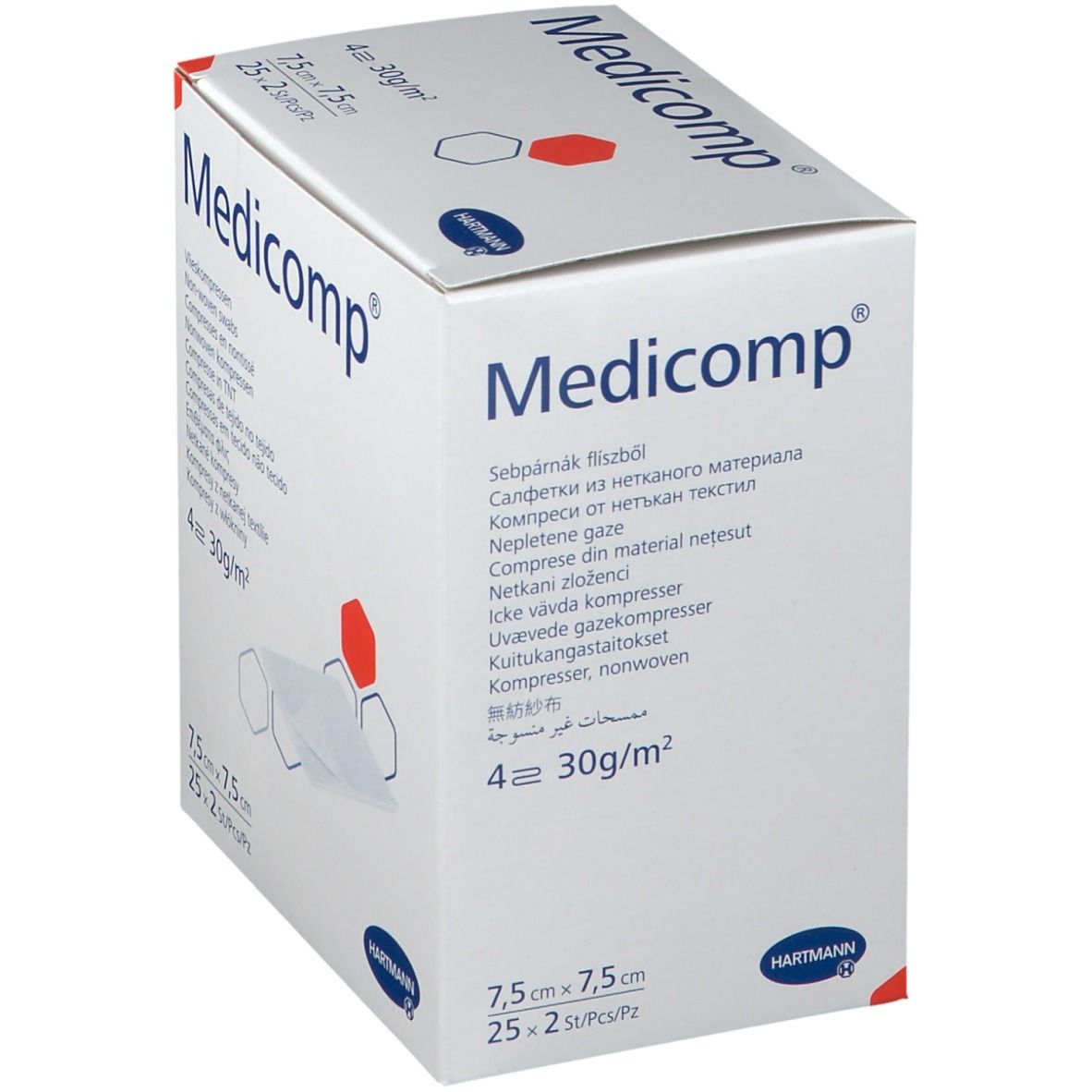 Verpakking Hartmann Medicomp kompressen. Doos met productnaam en logo. Meertalige lijst. Afmeting 7,5x7,5cm.
