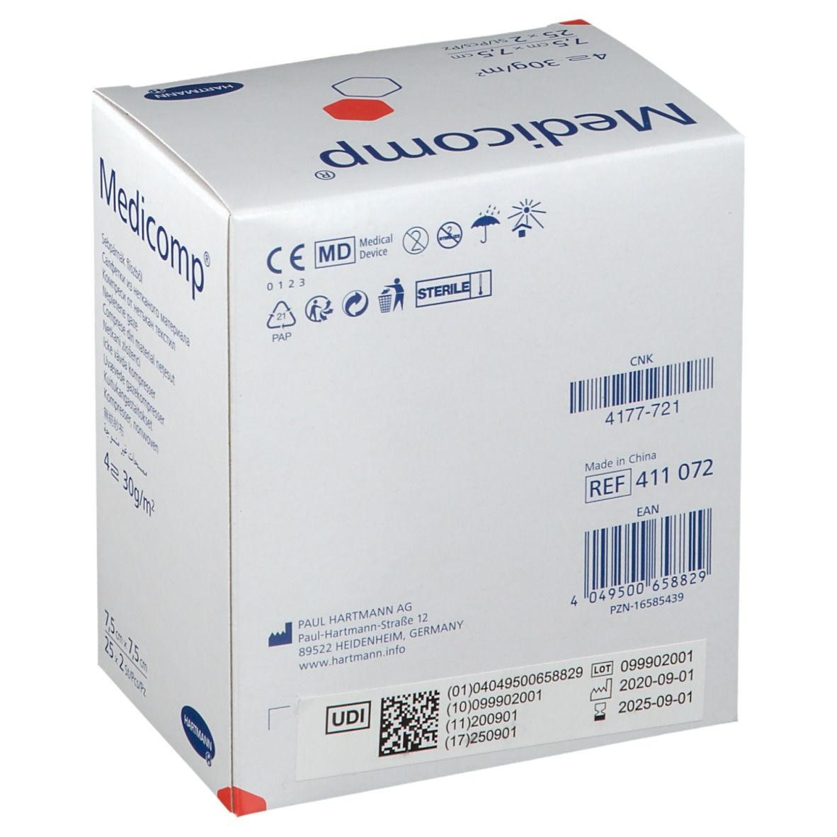 Verpakking Hartmann Medicomp kompressen. Doos met productnaam en logo. Achterkant met info, barcode en certificeringen.