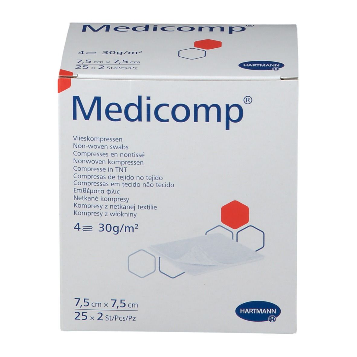 Verpakking Hartmann Medicomp kompressen. Witte doos met productnaam en logo. Afmeting 7,5x7,5cm. 25 stuks.