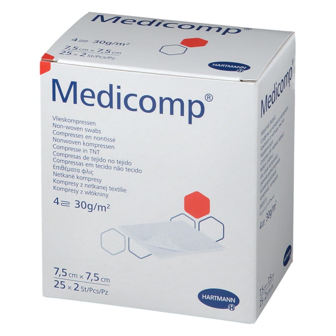 Verpakking Hartmann Medicomp kompressen. Witte doos met productnaam en logo. Afmeting 7,5x7,5cm. 25 stuks.