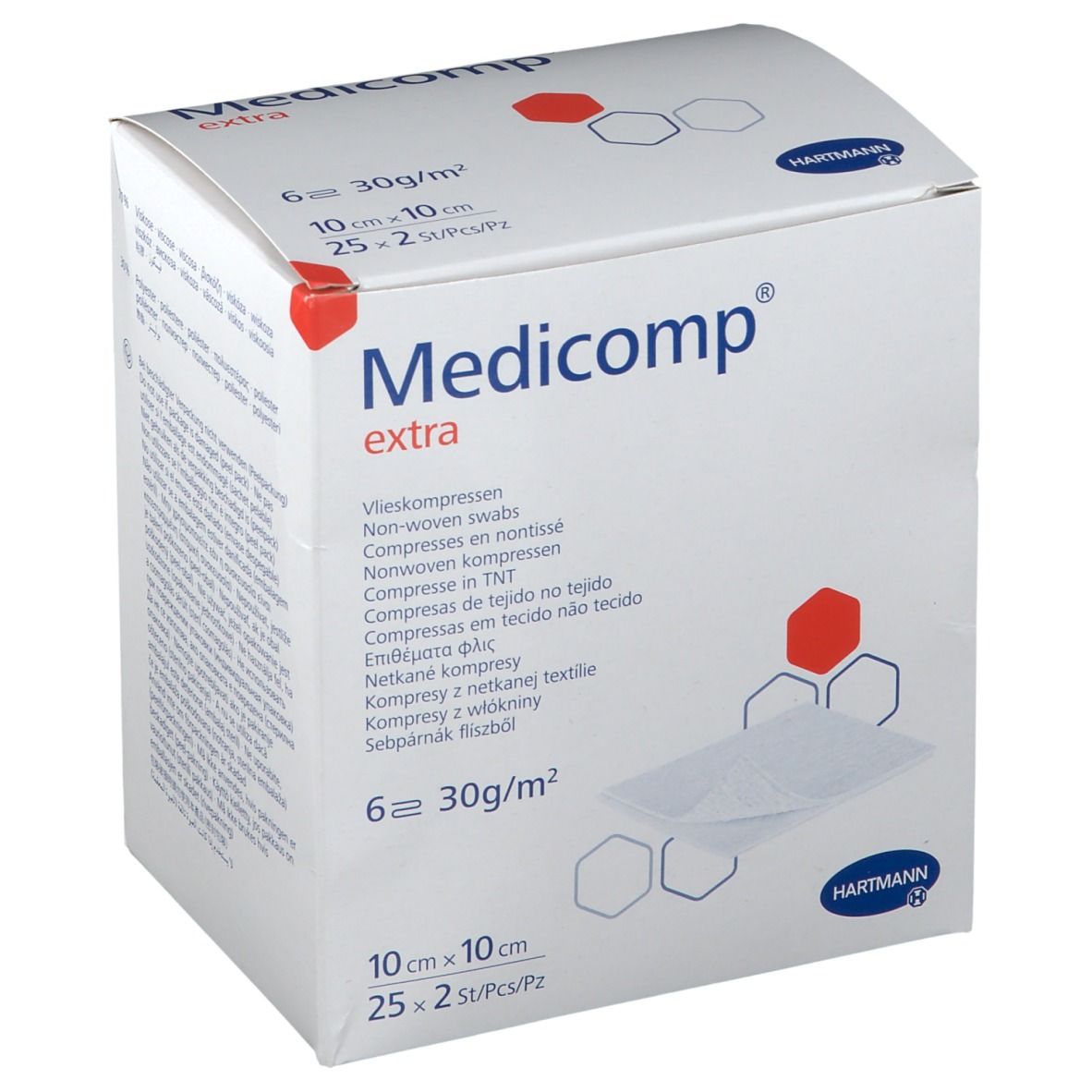 Verpakking van Medicomp extra. Bevat 25 steriele kompressen 10x10cm. Merk Hartmann. Meertalige opschriften.