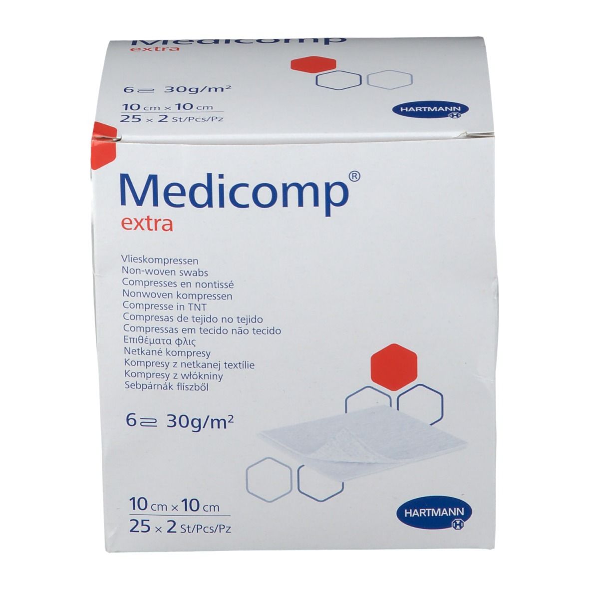 Verpakking van Medicomp extra. Bevat 25 steriele kompressen 10x10cm. Merk Hartmann. Meertalige opschriften.