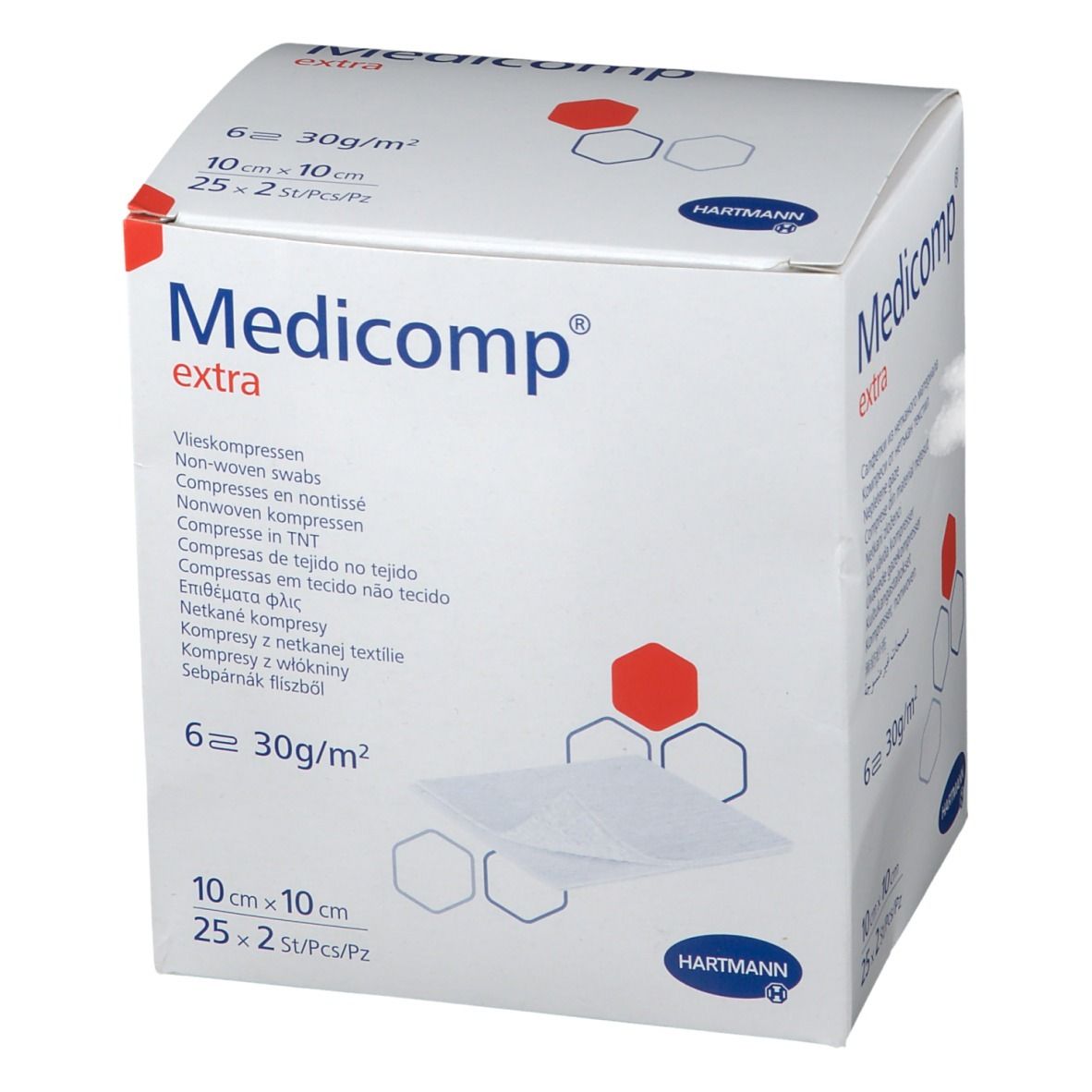 Verpakking van Medicomp extra. Bevat 25 steriele kompressen 10x10cm. Merk Hartmann. Meertalige opschriften.