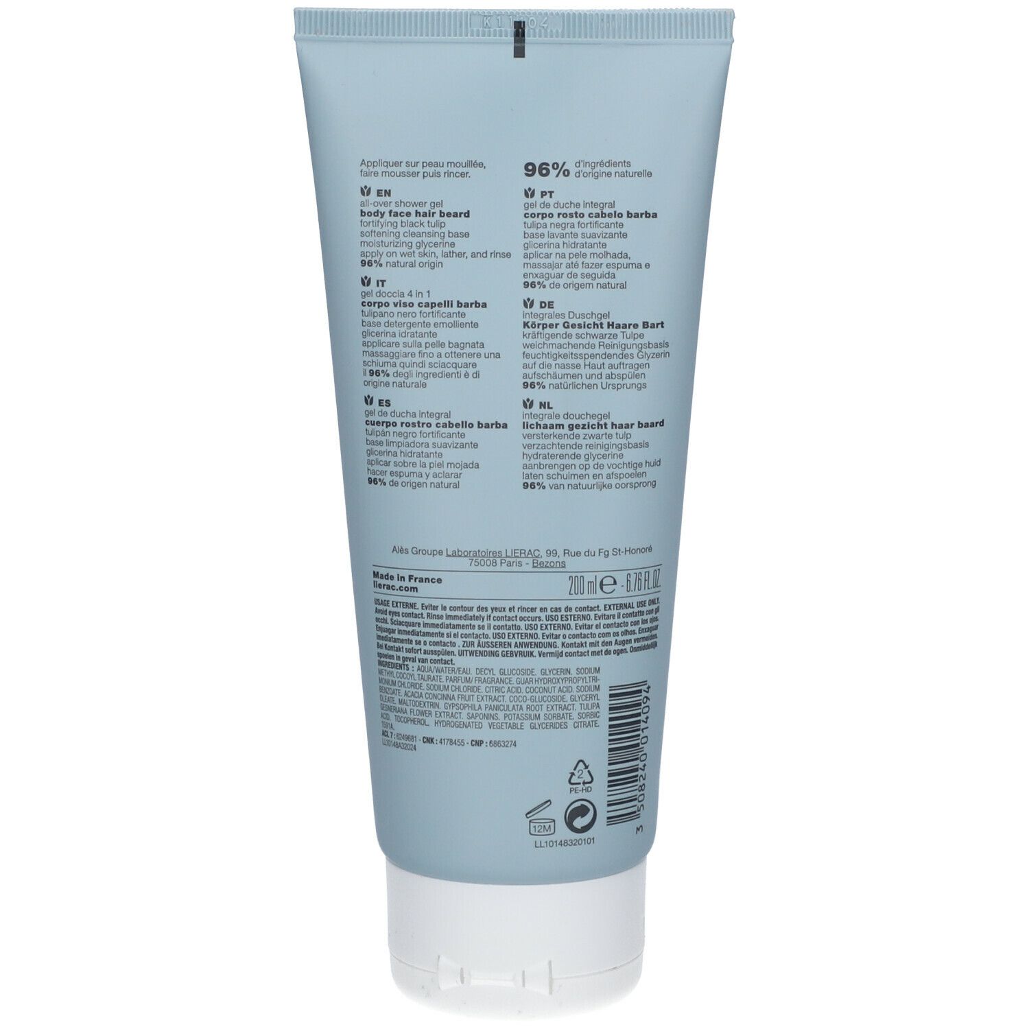 Achterkant van de lichtblauwe tube. Meertalige productinformatie en ingrediënten. Witte dop.