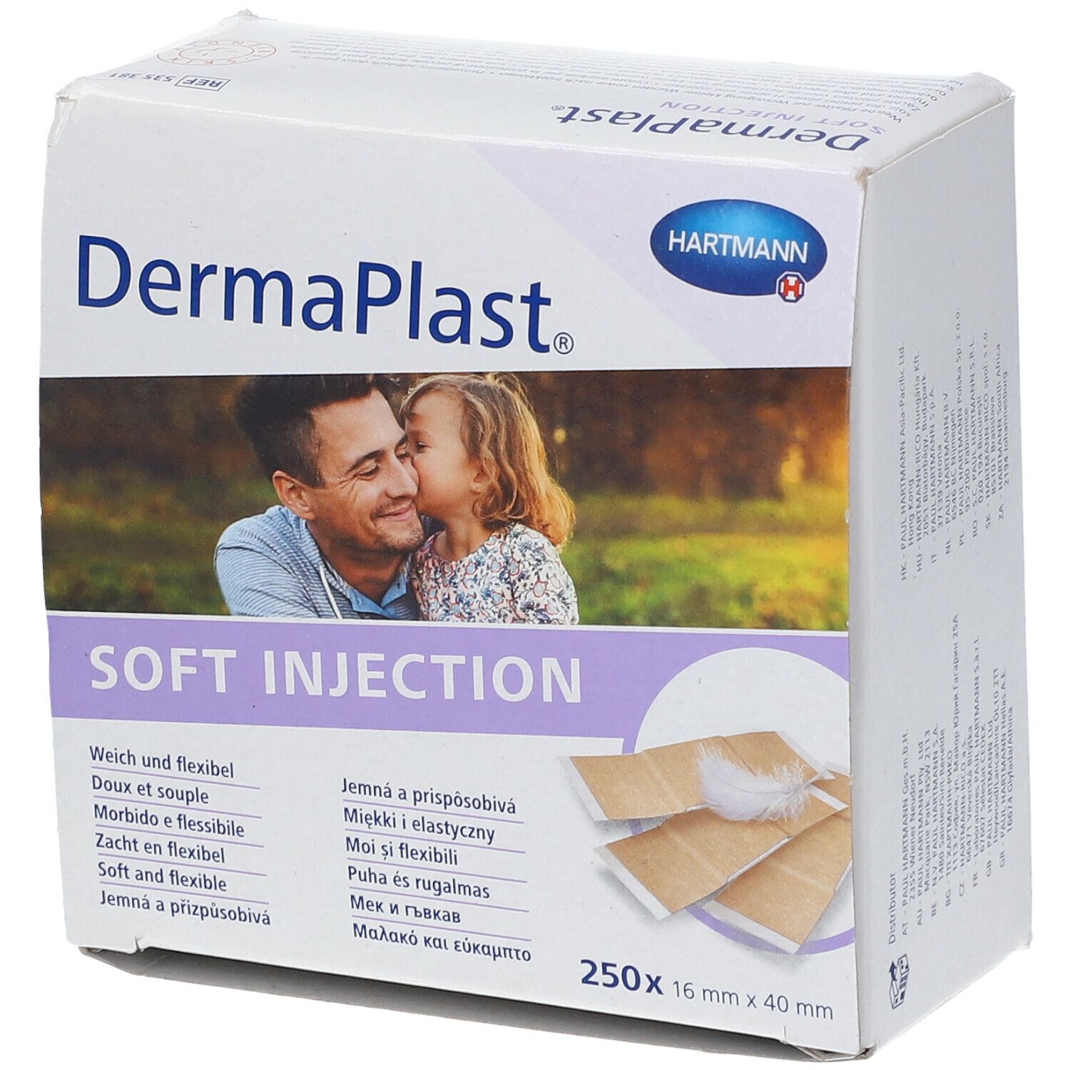 Verpakking van DermaPlast Soft Injection. Zacht en flexibel. 250 stuks, 16 x 40 mm. Hartmann logo. Afbeelding van man en kind.