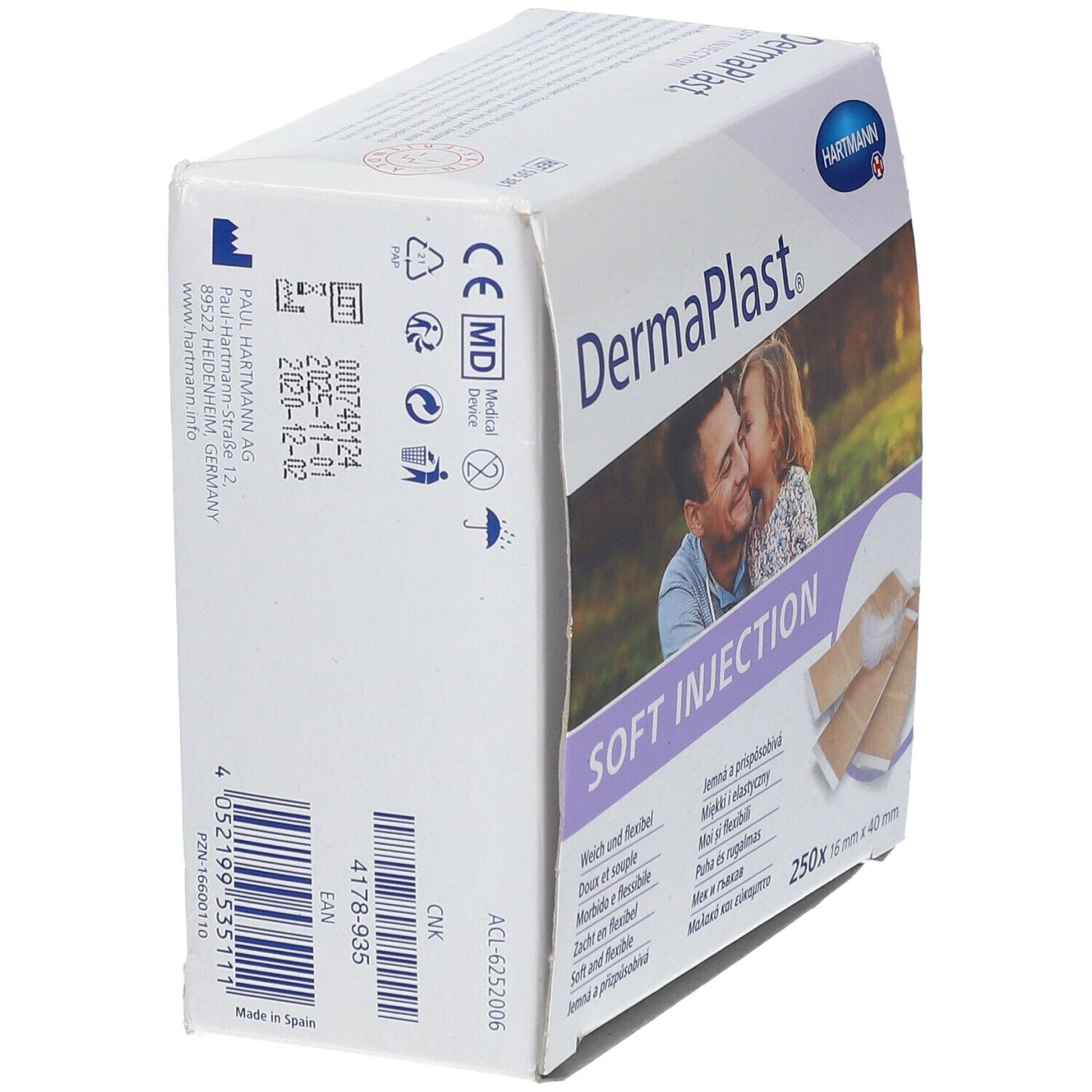 Zijaanzicht van de verpakking van DermaPlast Soft Injection. Hartmann logo. Medisch hulpmiddel. Productie- en distributie-informatie.