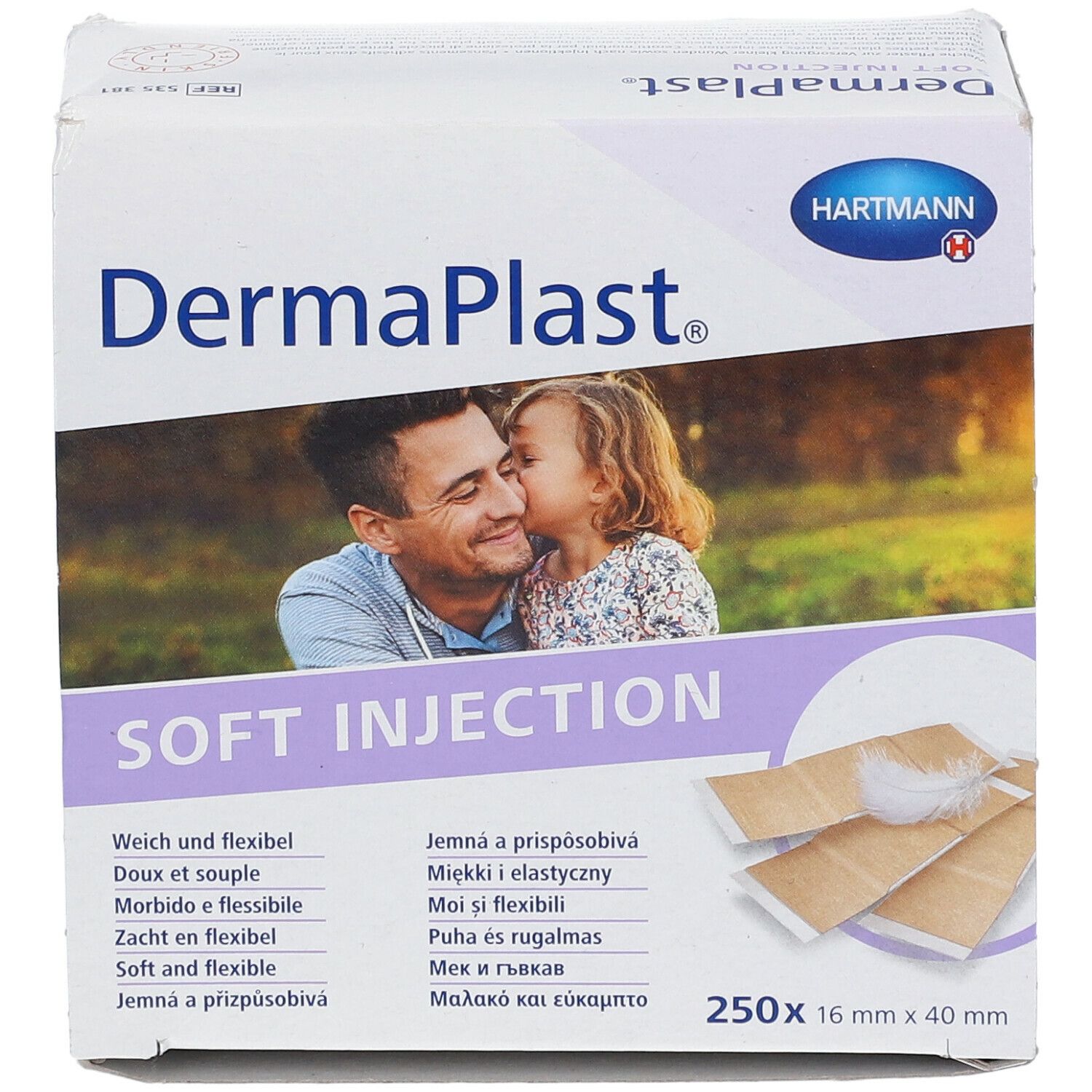 Verpakking van DermaPlast Soft Injection. Zacht en flexibel. 250 stuks, 16 x 40 mm. Hartmann logo. Afbeelding van man en kind.