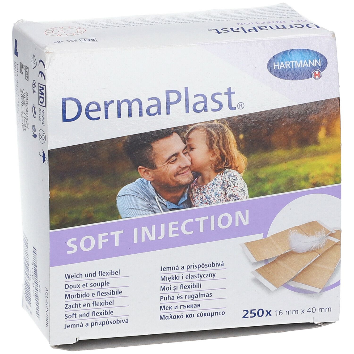 Verpakking van DermaPlast Soft Injection. Zacht en flexibel. 250 stuks, 16 x 40 mm. Hartmann logo. Afbeelding van man en kind.