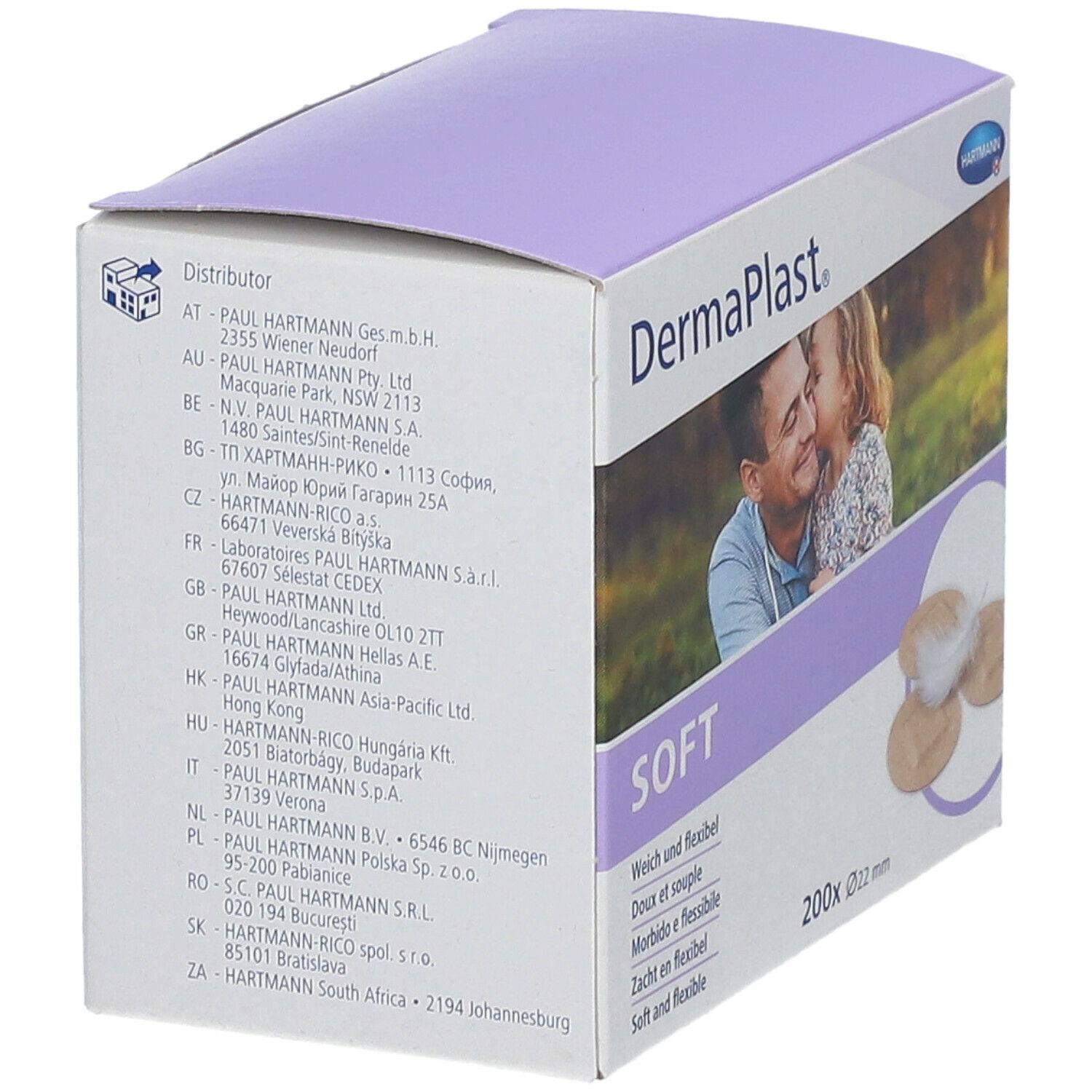 Boîte DermaPlast Soft. Dos avec adresses. Image père et enfant. Plume et pansements.
