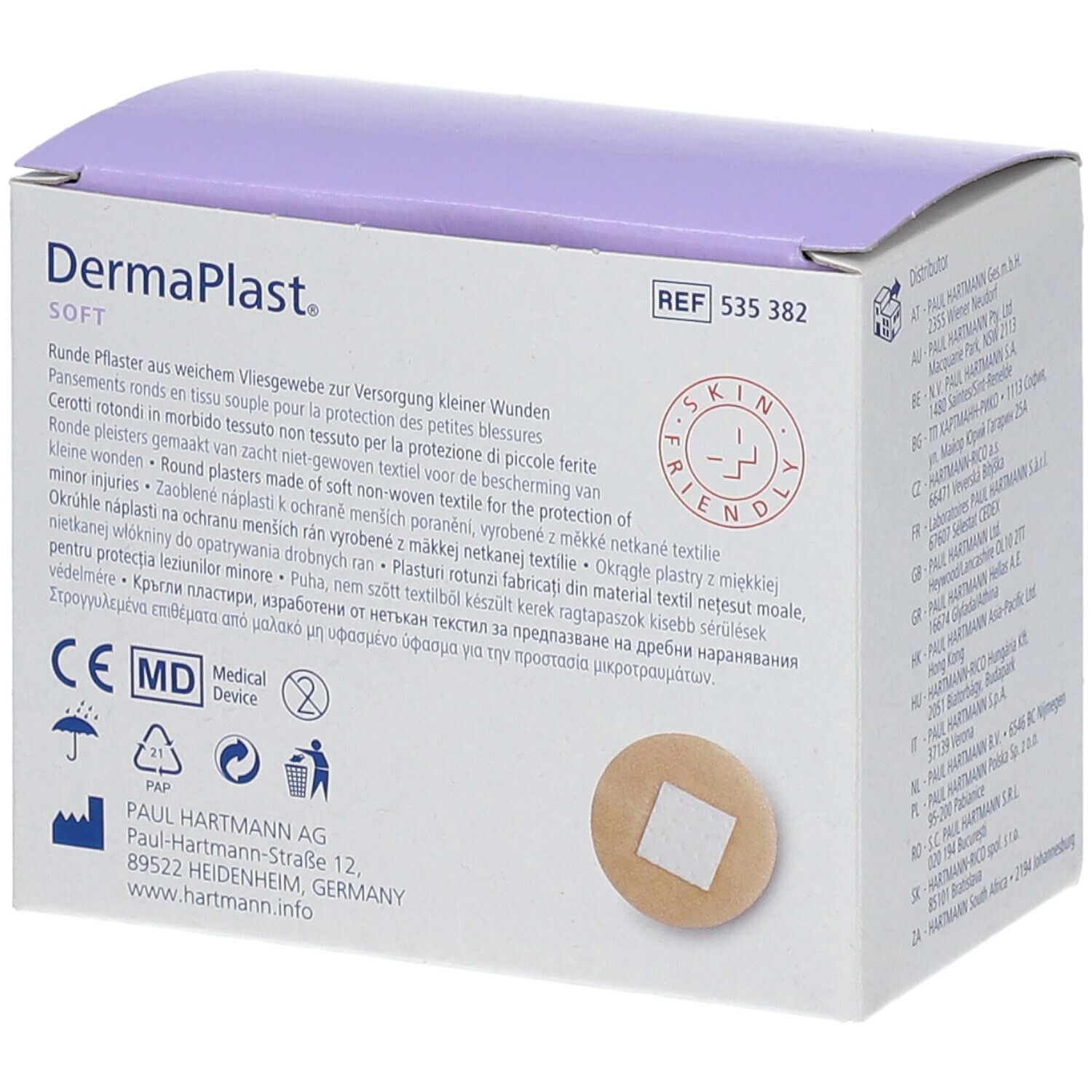 Boîte DermaPlast Soft. Pansements ronds. Marquage CE. Dispositif médical. Paul Hartmann AG.
