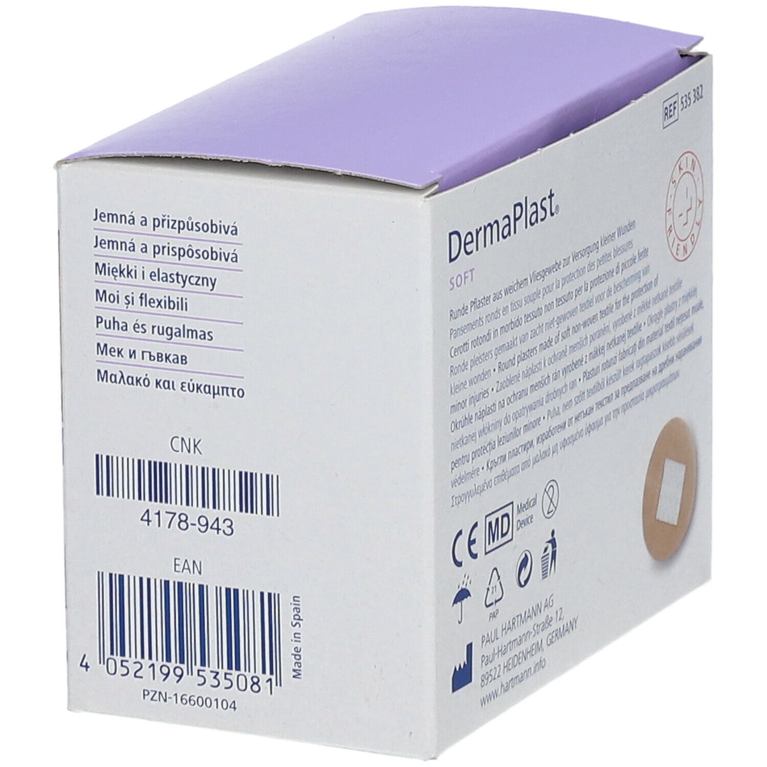 Boîte DermaPlast Soft. Dos avec code-barres et marquage CE. Dispositif médical. Paul Hartmann AG.