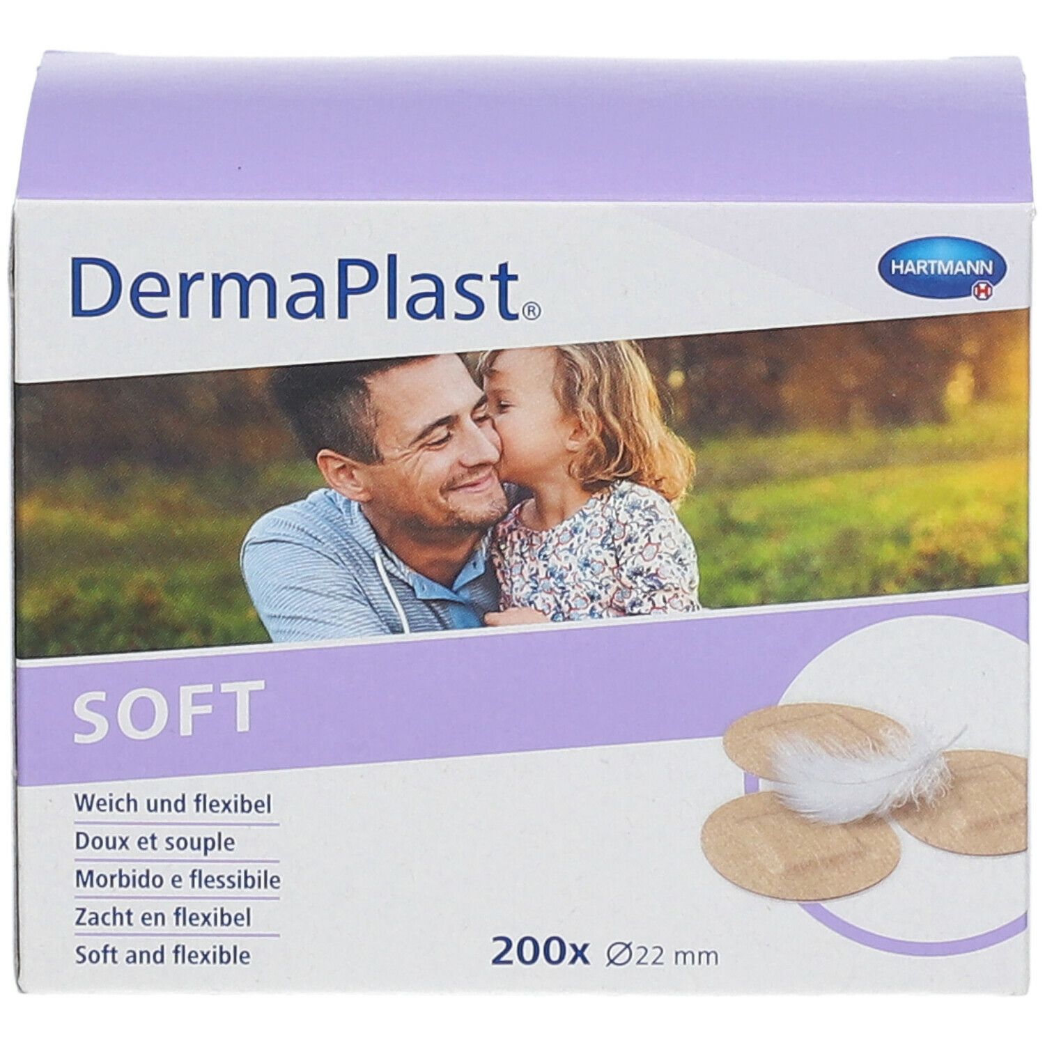 Boîte de DermaPlast Soft. 200 pansements, Ø 22 mm. Image d'un père et d'un enfant. Plume et pansements.