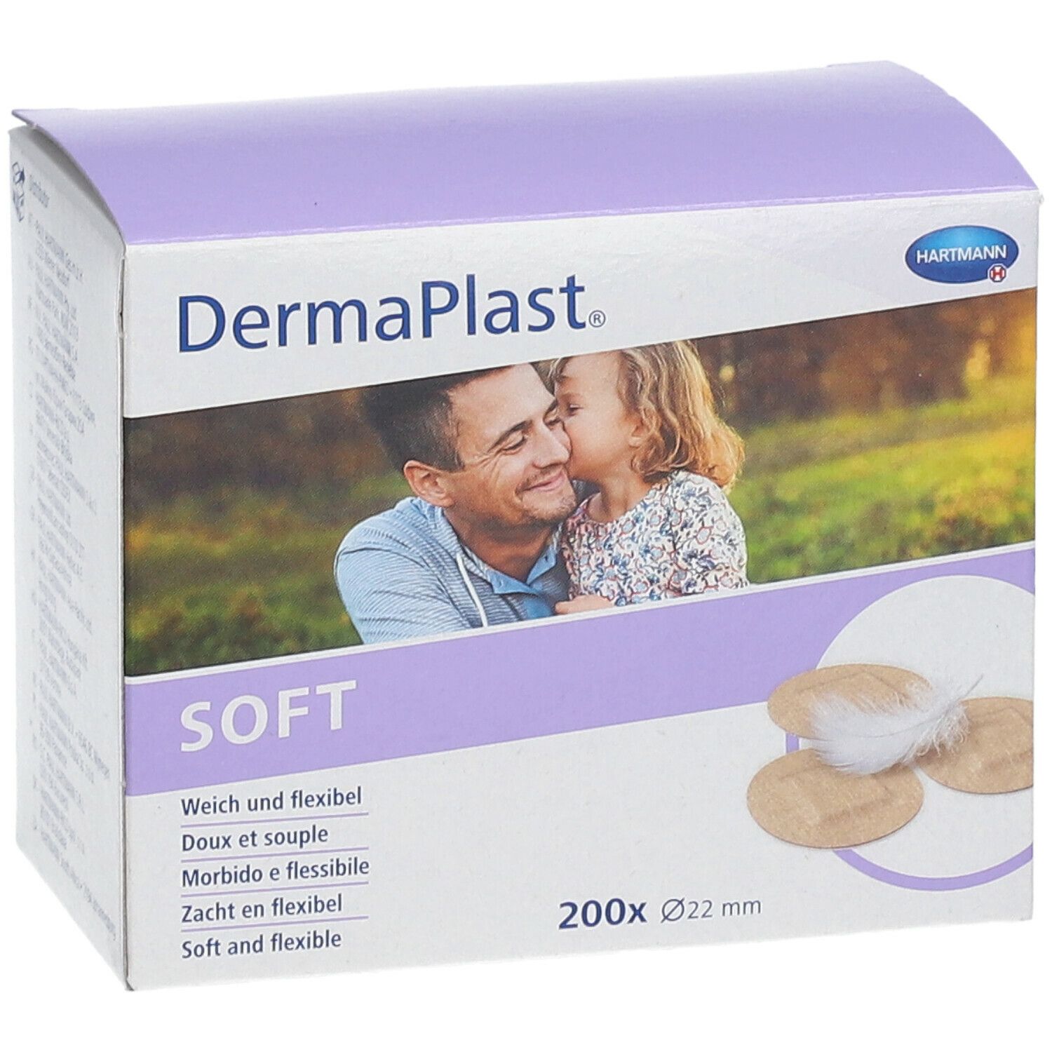 Boîte de DermaPlast Soft. 200 pansements, Ø 22 mm. Image d'un père et d'un enfant. Plume et pansements.