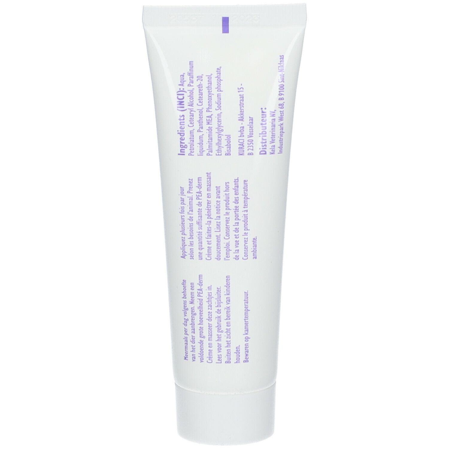 Dos du tube de crème. Liste des ingrédients et autres informations. Texte en allemand, néerlandais et français.