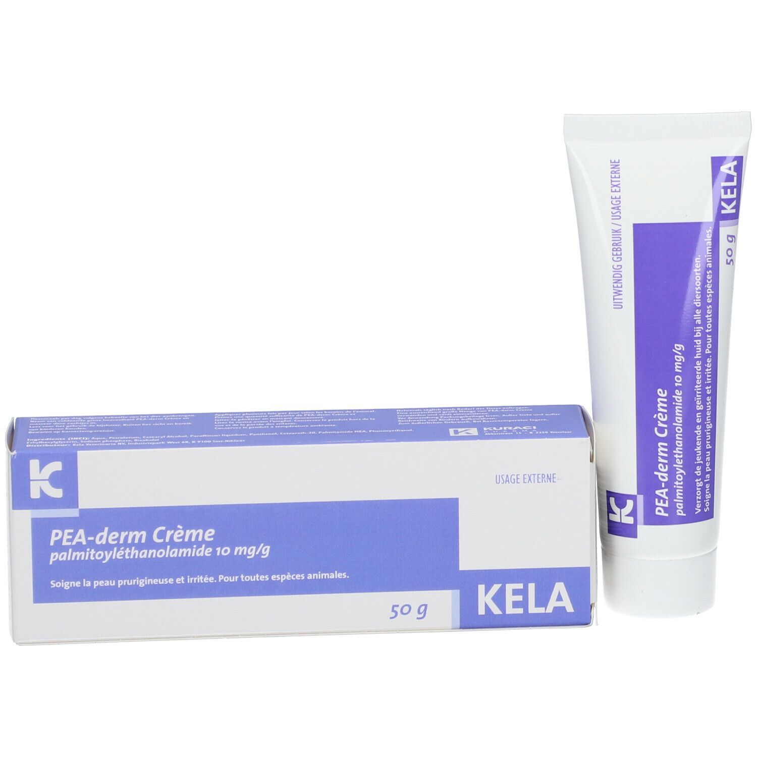 Tube de crème et boîte côte à côte. Boîte avec inscription: PEA-derm Crème, 10 mg/g, Kela, 50 g. Texte en allemand, néerlandais et français.