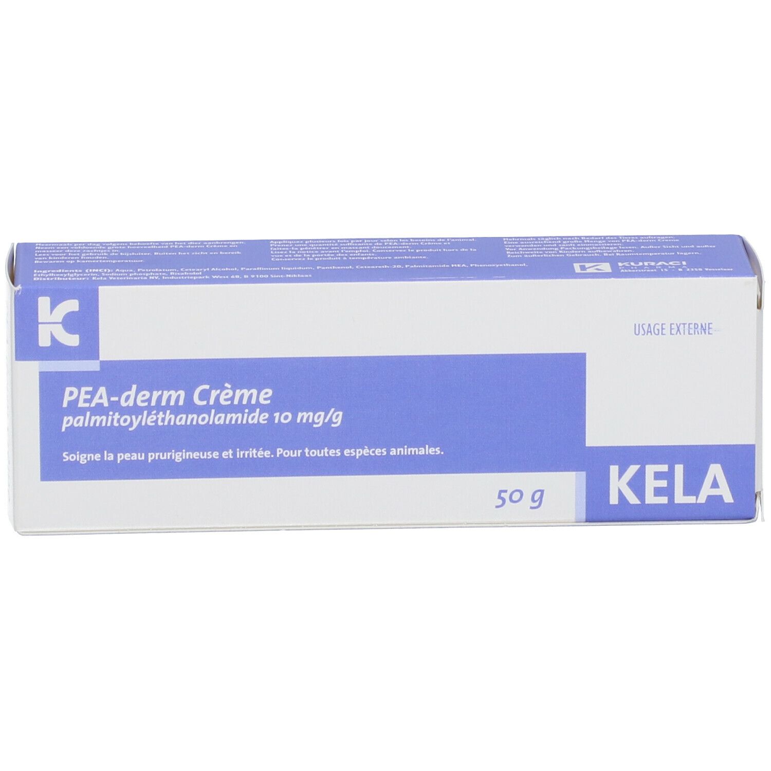 Boîte avec inscription: PEA-derm Crème, 10 mg/g, Kela, 50 g. Texte en allemand, néerlandais et français.