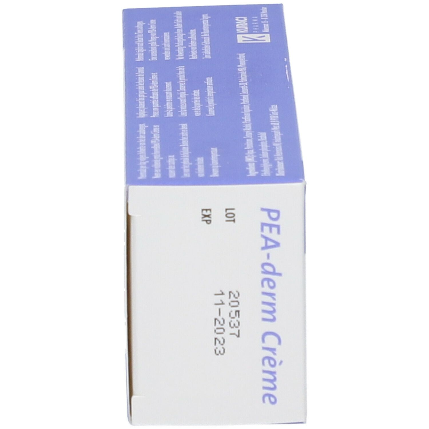 Boîte, vue latérale. Inscription: PEA-derm Crème, LOT, EXP, 20537, 11-2023.