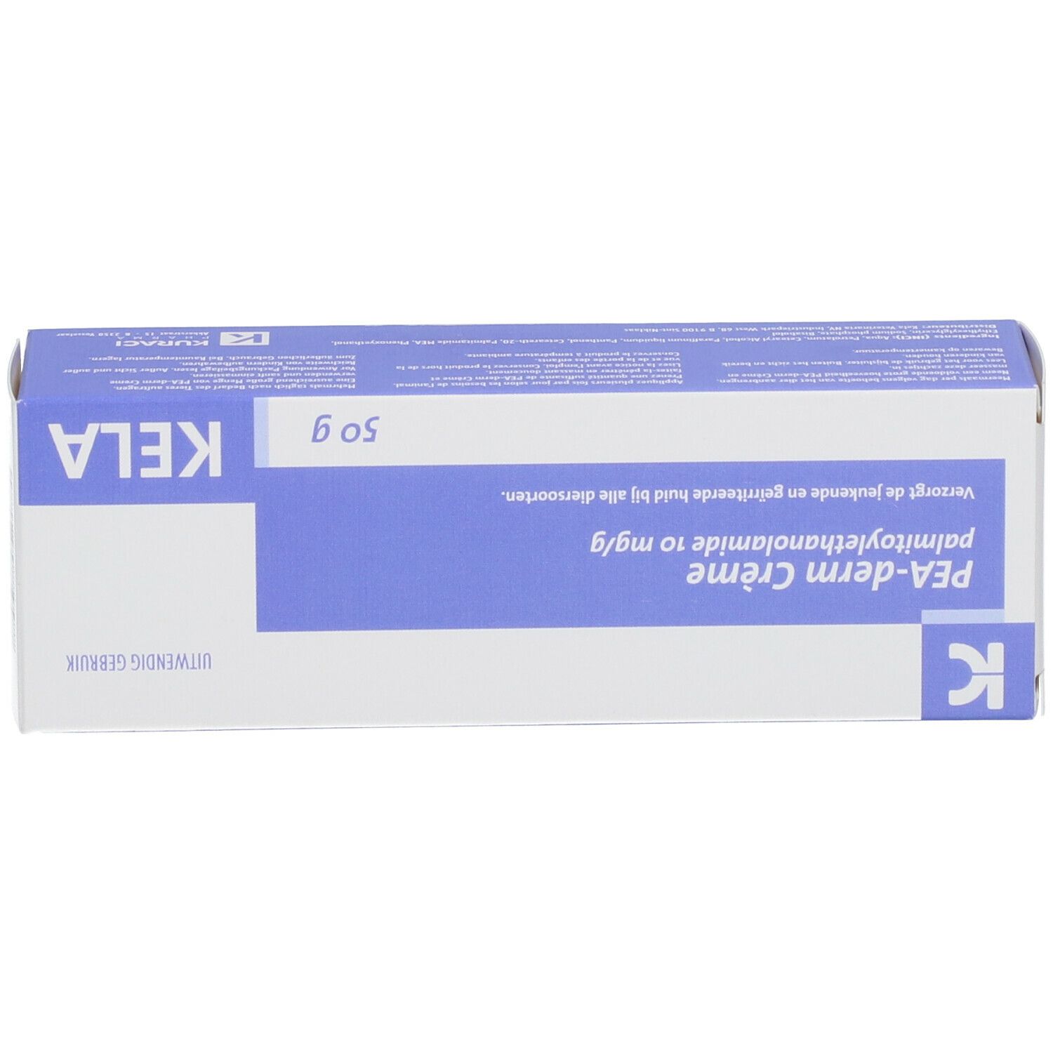 Boîte avec inscription: PEA-derm Crème, 10 mg/g, Kela, 50 g. Texte en allemand, néerlandais et français.