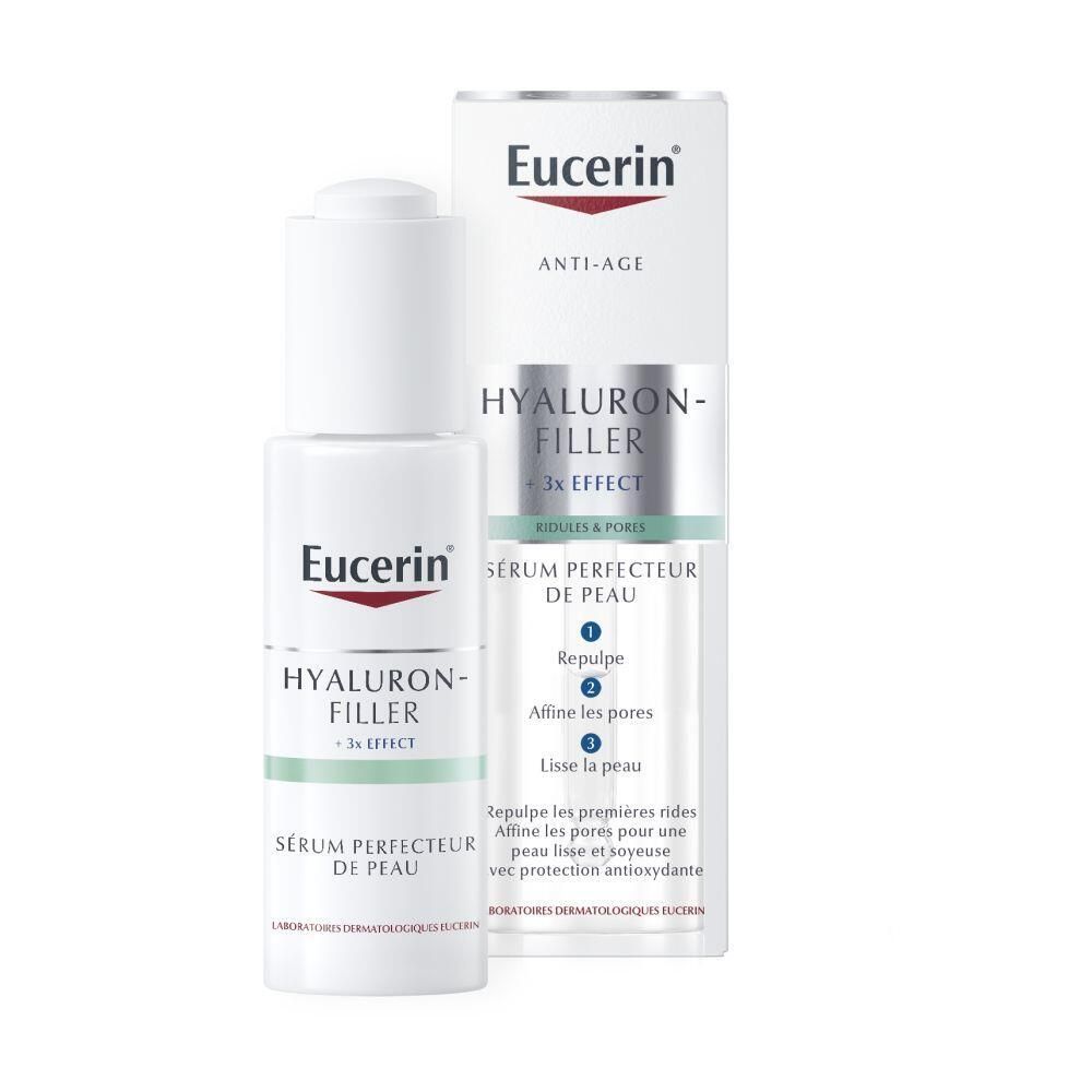 Sérum Eucerin Hyaluron-Filler, flacon et emballage. Contient du texte.