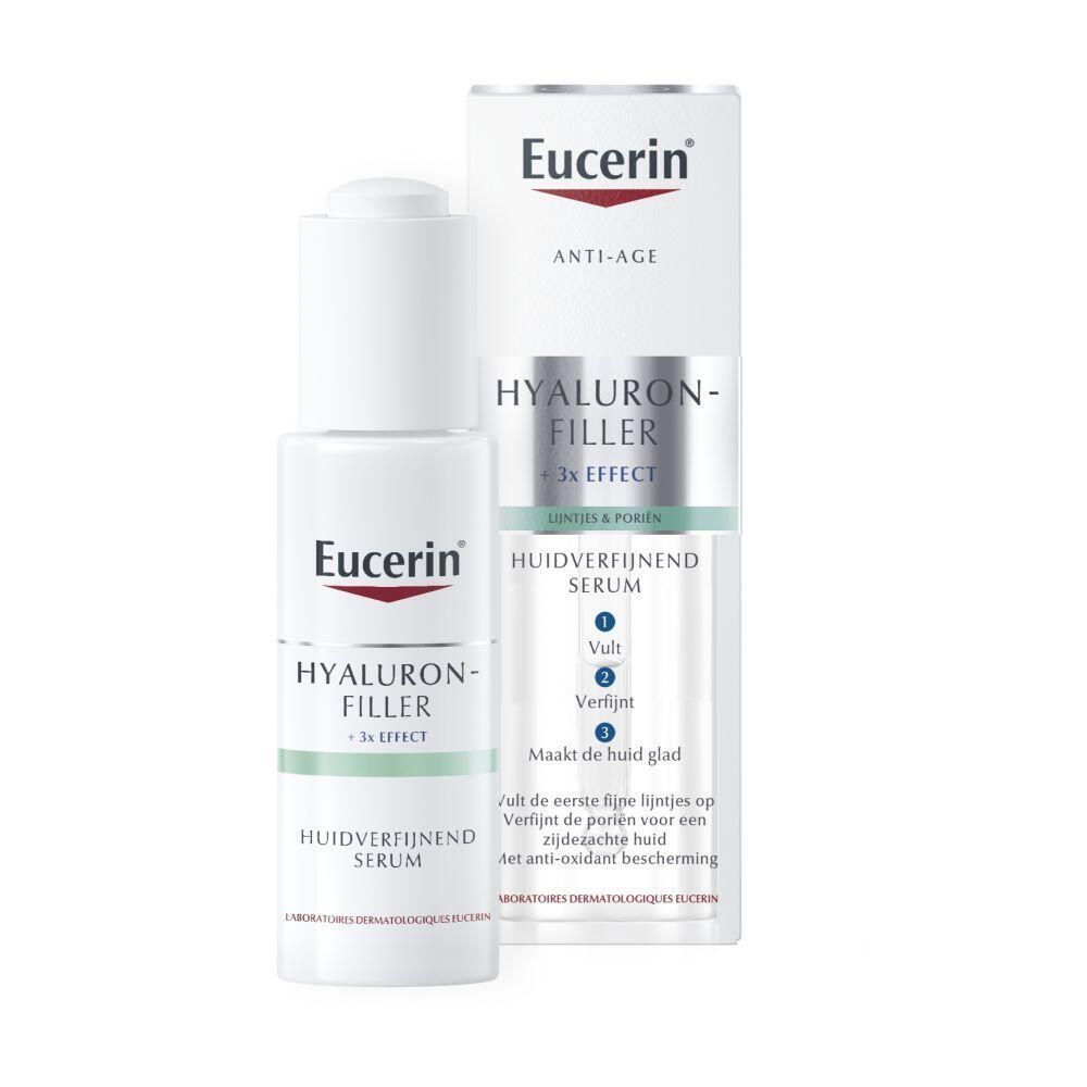 Eucerin Hyaluron-Filler Serum, fles en verpakking. Bevat tekst.