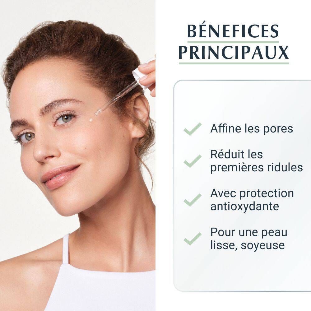 Femme avec applicateur de sérum. Texte : Avantages : affine les pores, réduit les rides.