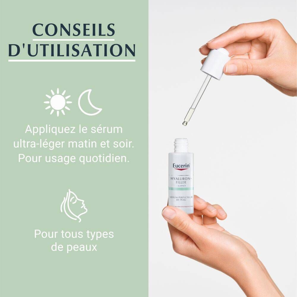 Mains tenant flacon et applicateur de sérum. Texte : Utilisation : matin et soir.