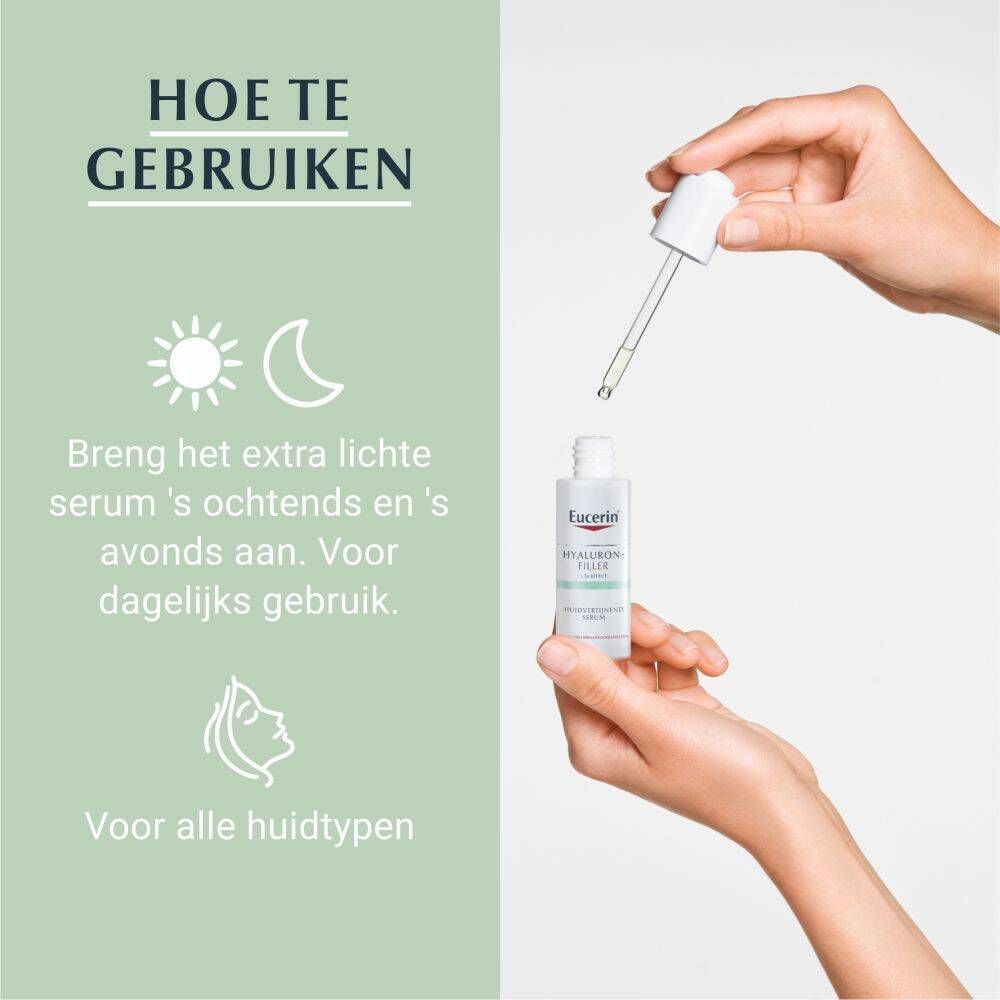 Handen houden serumfles en applicator. Tekst: Gebruik: ochtend en avond.