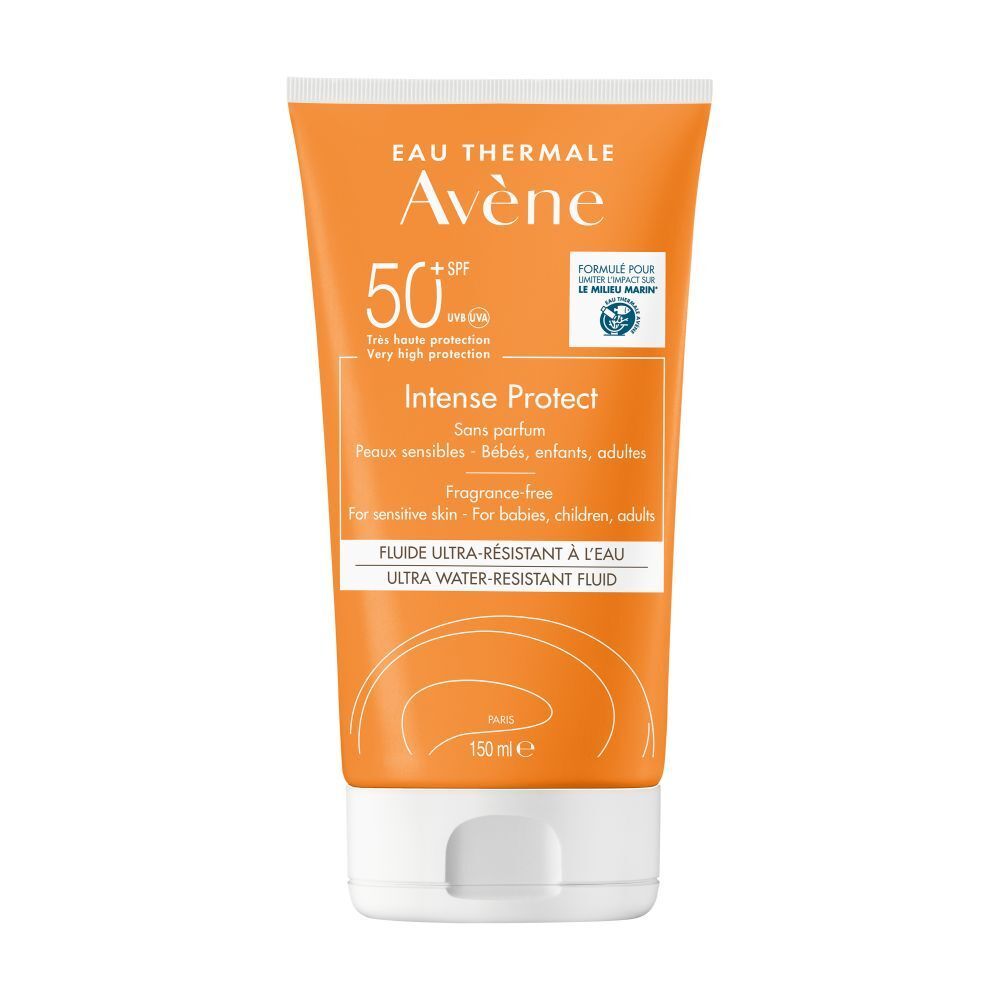 Oranje tube met witte dop. Bevat zonnebrandcrème. Tekst: Eau Thermale Avène, Intense Protect SPF 50+.