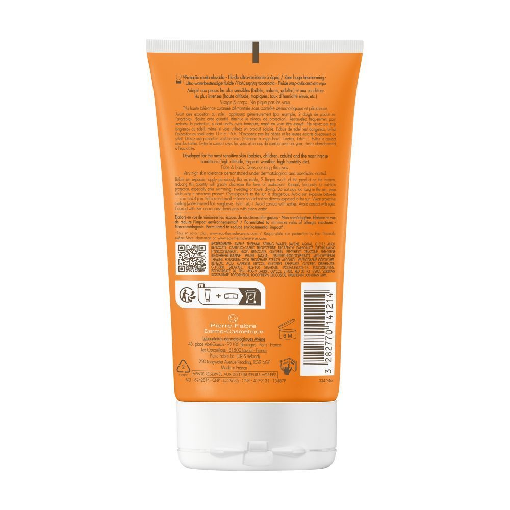 Achterkant van een oranje tube. Tekst: Ultra-waterbestendig, getest onder extreme omstandigheden. QR-code.