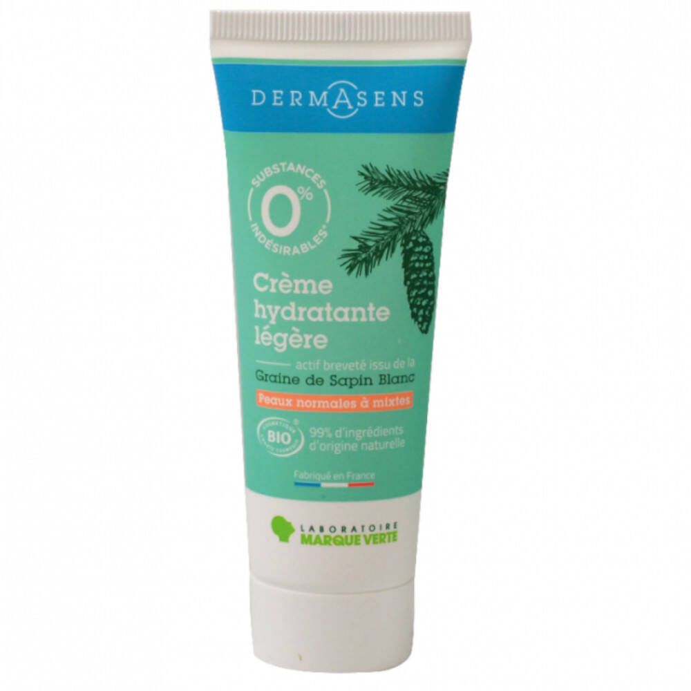 Groen-witte crèmetube. Tekst: Dermasens, Crème hydratante légère, Bio-certificering, 0% ongewenste stoffen.