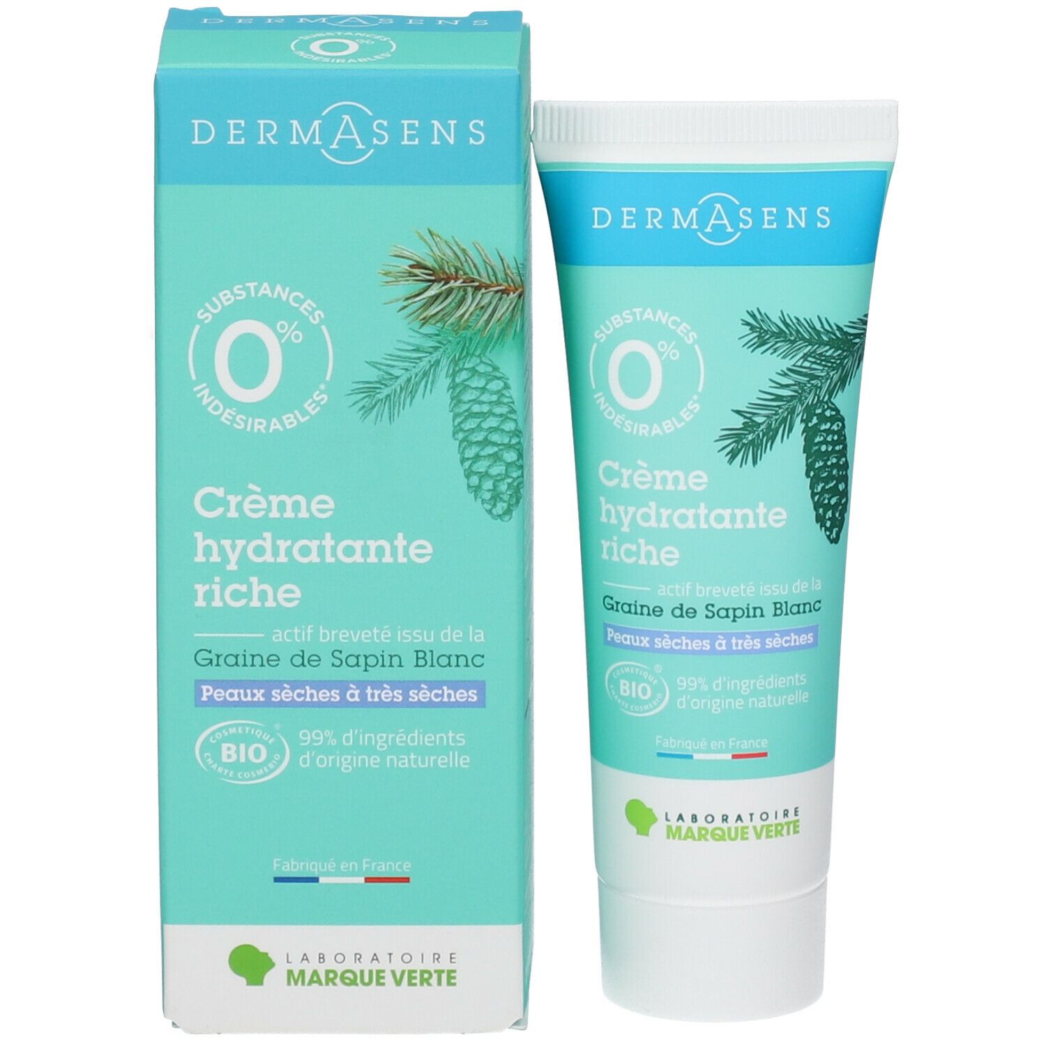 Productverpakking en tube. Turquoise-wit design. Crème en doos met logo en productinformatie.