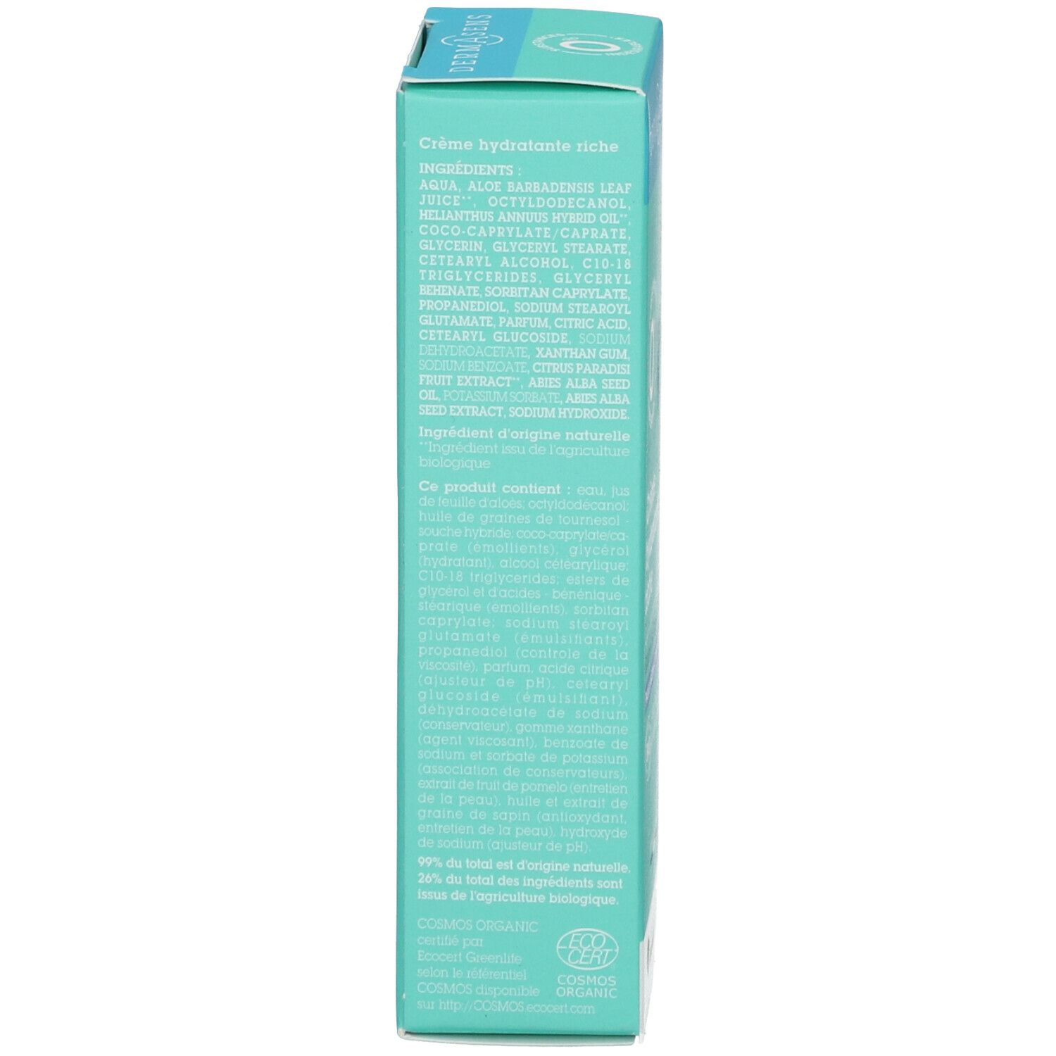 Productverpakking. Zijkant met ingrediënten. Turquoise-wit design. Franse tekst.