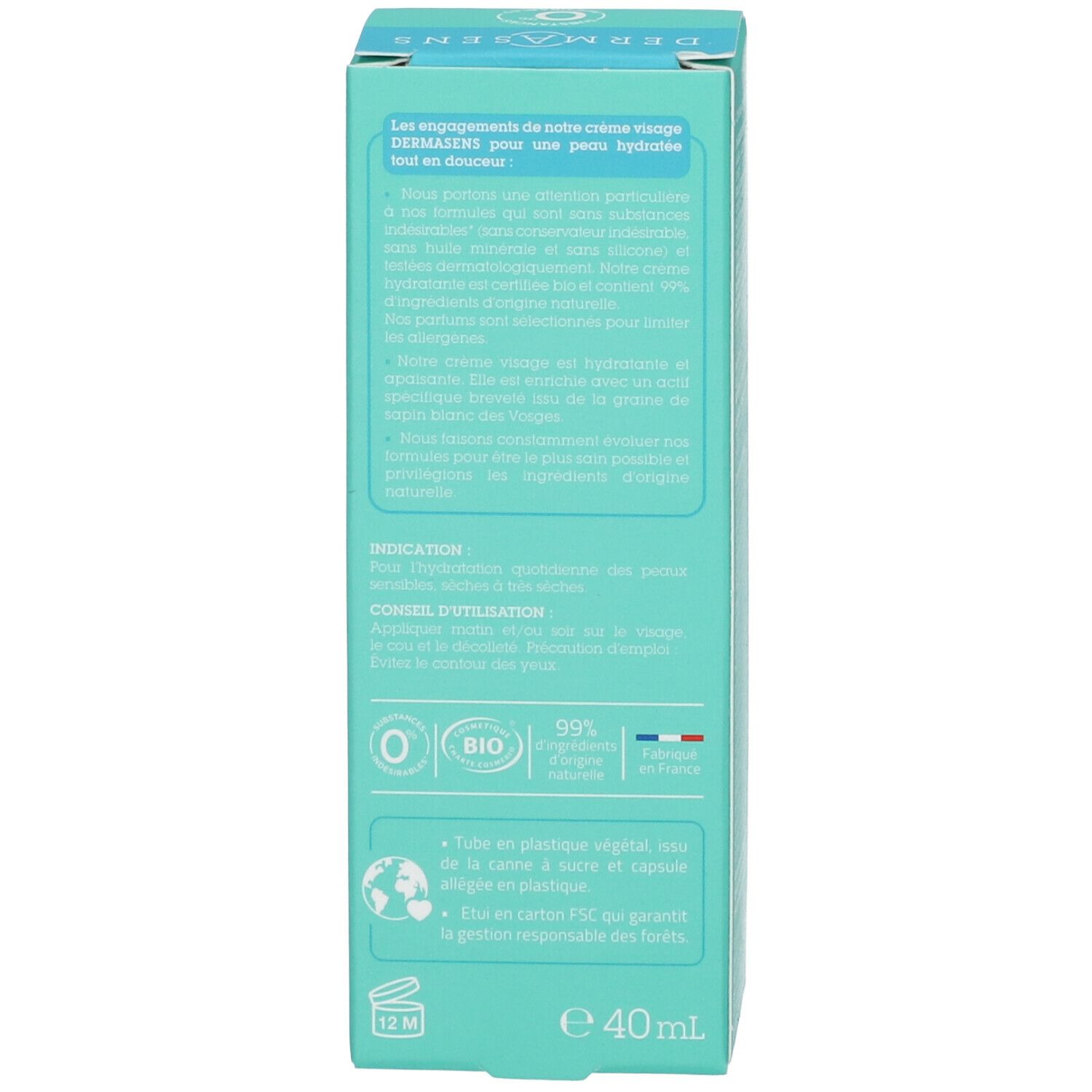 Productverpakking. Zijkant met productinformatie. Turquoise-wit design. Franse tekst.