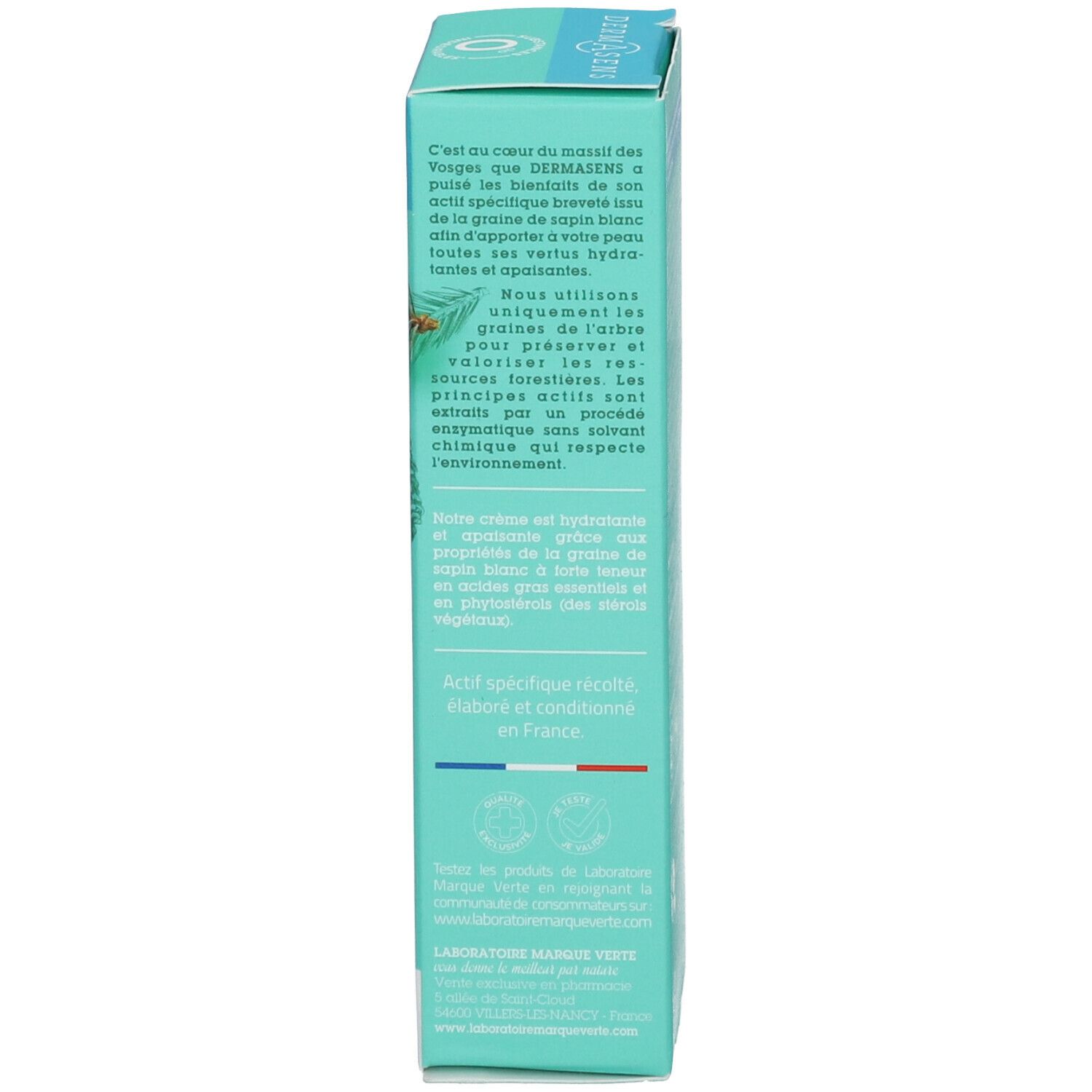 Productverpakking. Zijkant met informatie. Turquoise-wit design. Franse tekst. Logo.