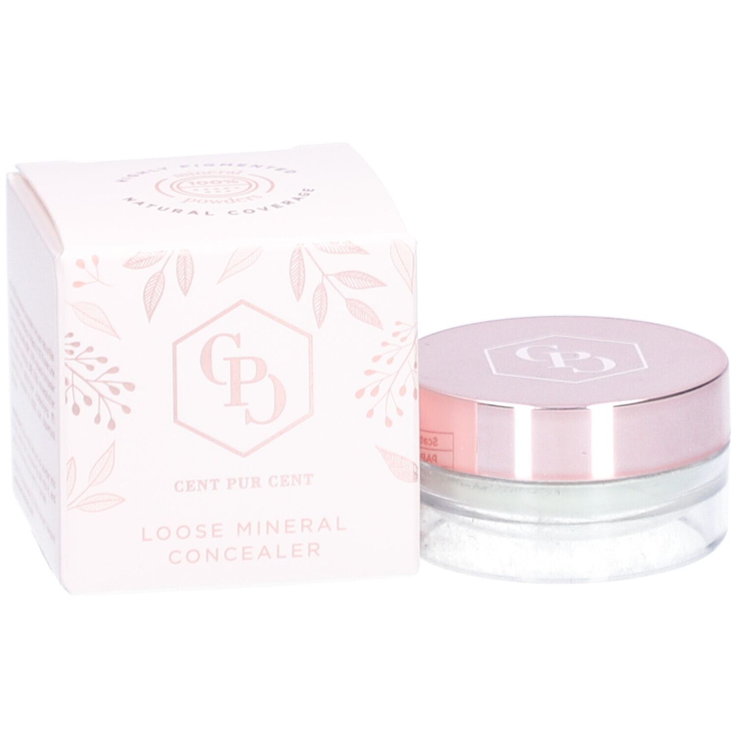 Mineral Concealer in Dose und Verpackung. Dose mit rosafarbenem Deckel. Verpackung mit Logo und Schriftzug.