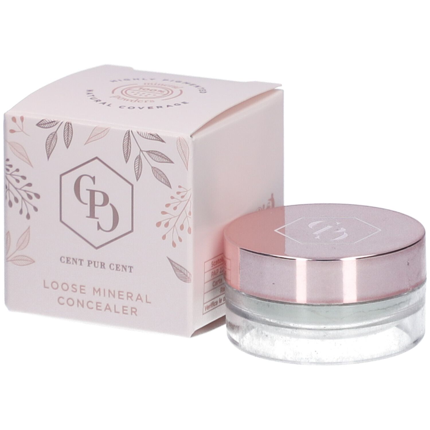 Mineral Concealer in Dose und Verpackung. Dose mit rosafarbenem Deckel. Verpackung mit Logo und Schriftzug.