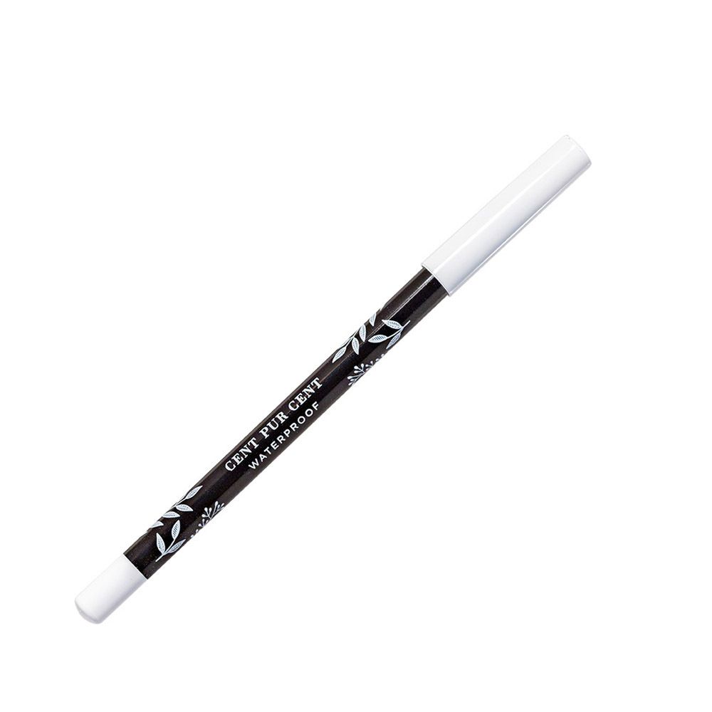 Zwarte kajalpotlood met witte punt. Opschrift: CENT PUR CENT WATERPROOF.