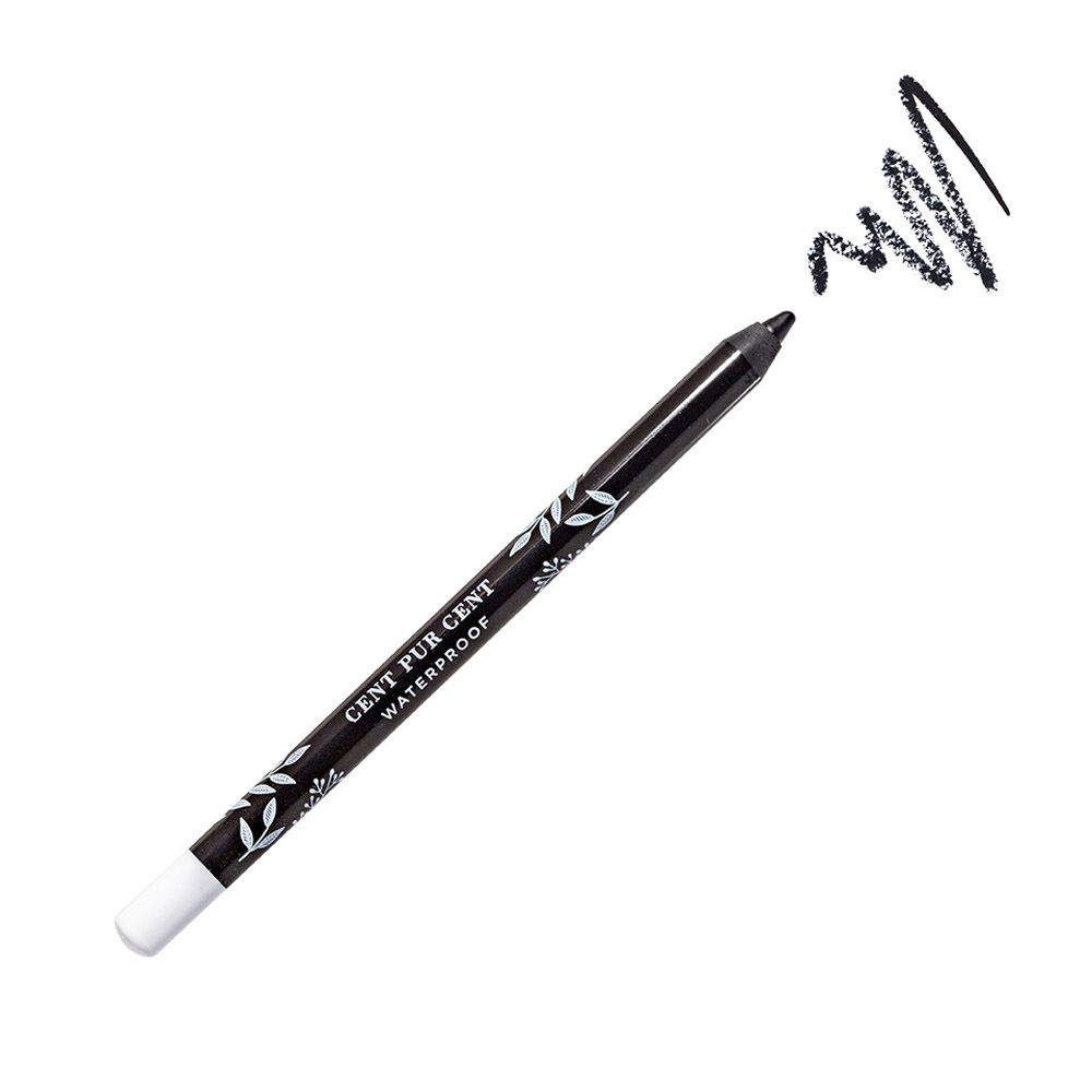 Zwarte kajalpotlood met witte punt en streep. Opschrift: CENT PUR CENT WATERPROOF.