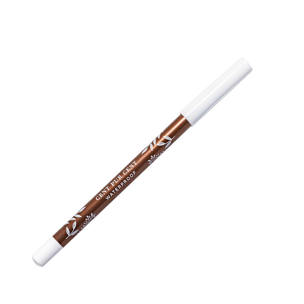 Crayon khôl marron avec extrémité blanche. Inscription : CENT PUR CENT WATERPROOF.