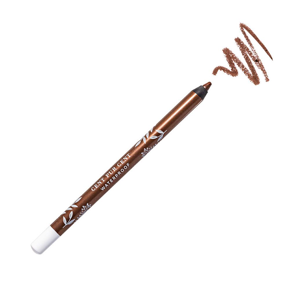Crayon khôl marron avec extrémité blanche et trait de couleur. Inscription : CENT PUR CENT WATERPROOF.