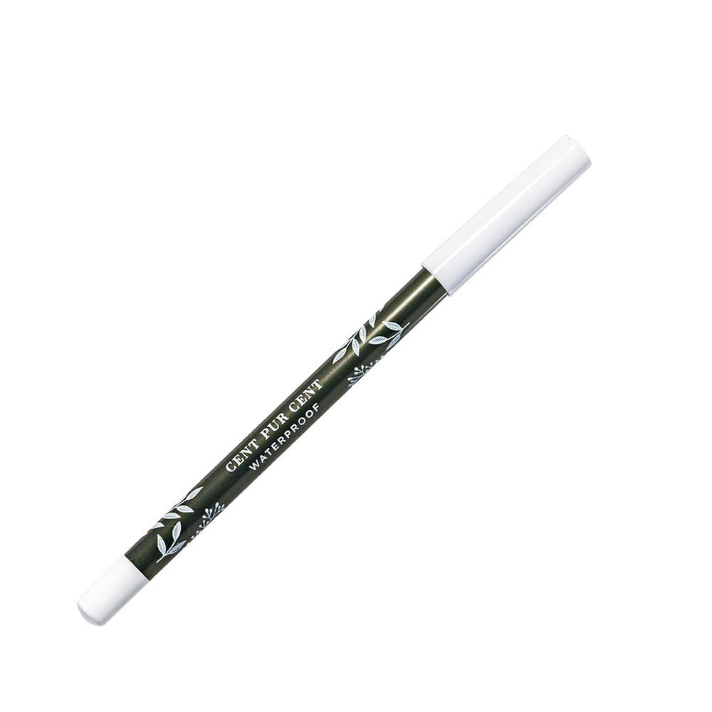 Crayon khôl avec extrémités blanche et noire. Crayon noir avec motif floral blanc et texte.