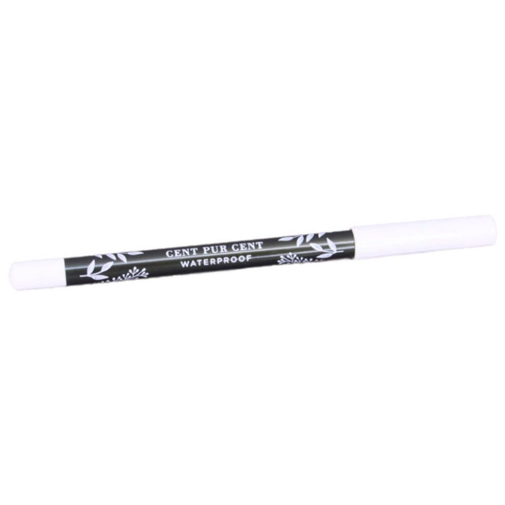 Crayon khôl avec extrémités blanche et noire. Crayon noir avec motif floral blanc et texte.