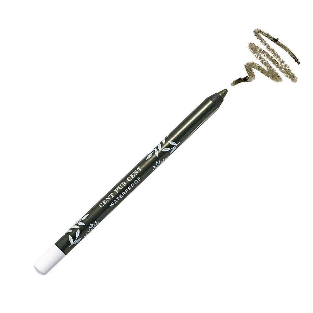 Crayon khôl avec extrémités blanche et noire. Crayon noir avec motif floral blanc et texte.