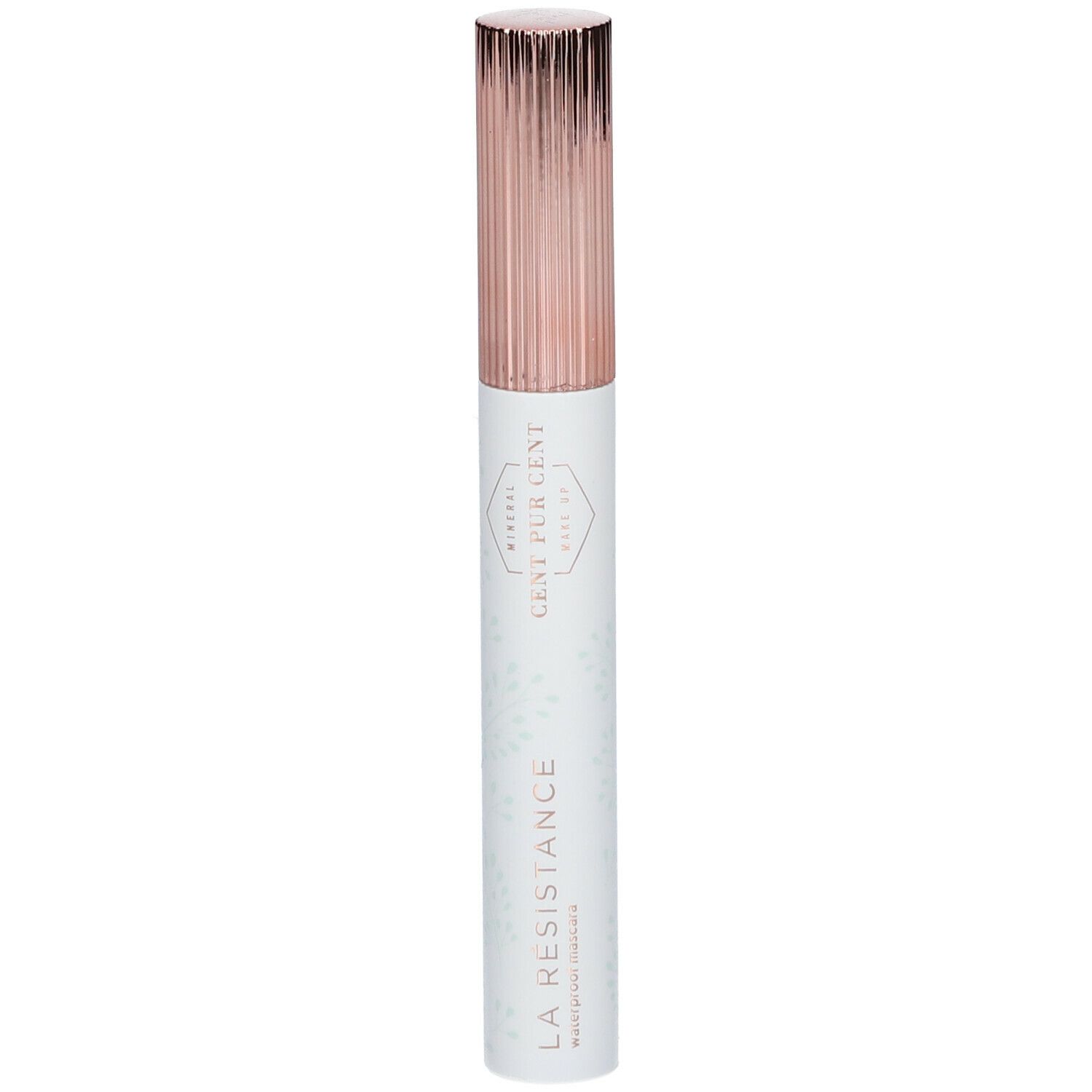 Tube de mascara noir avec bouchon rose doré. Inscription : LA RÉSISTANCE, CENT PUR CENT, mascara waterproof.
